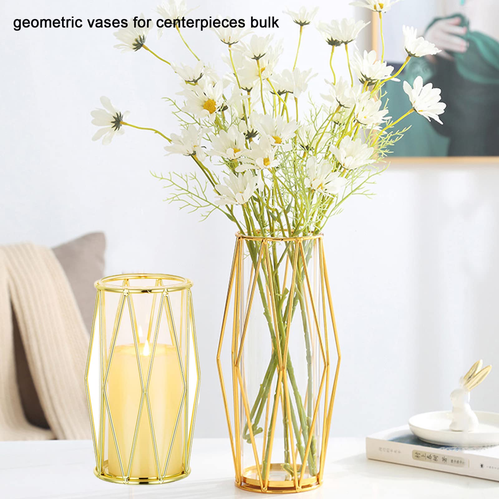 Elegant Gold Flower Vases with Geometric Metal Stand - Modern Bulk Terrarium Crystal Vases for Pampas Grass, Centerpieces, Home & Wedding Decor (8.5