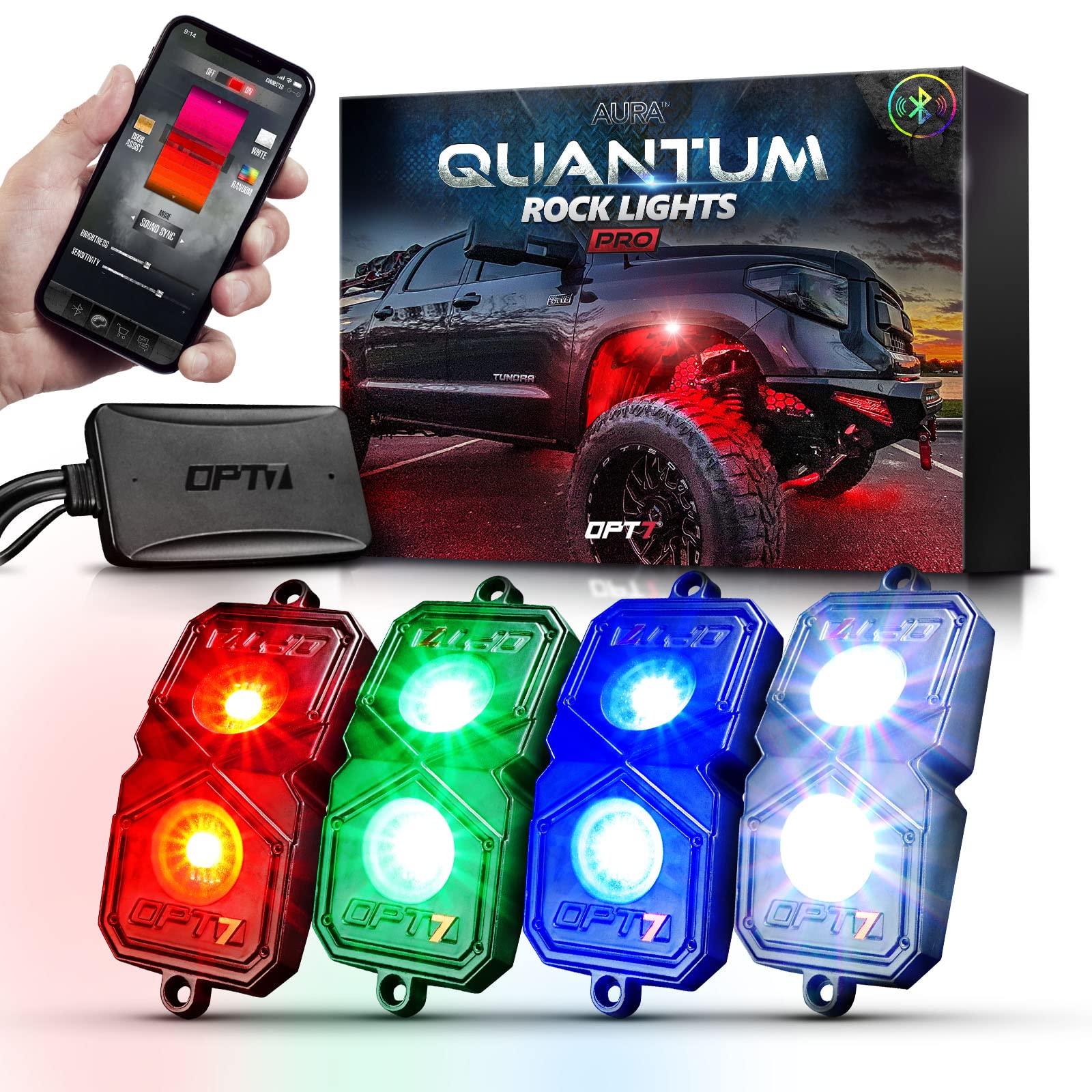 OPT7 Quantum Pro RGBW LED Rock Lights with Bluetooth APP Control - 4 Pods Wide Angle Multicolor Neon Underglow Lighting Kit with Extension Wire, IP68 Waterproof for Offroad Vehicles (Truck, Jeep, RZR, ATV, UTV, SUV) - Perfect for Night Off-Roading, Car Shows & Custom Vehicle Lighting