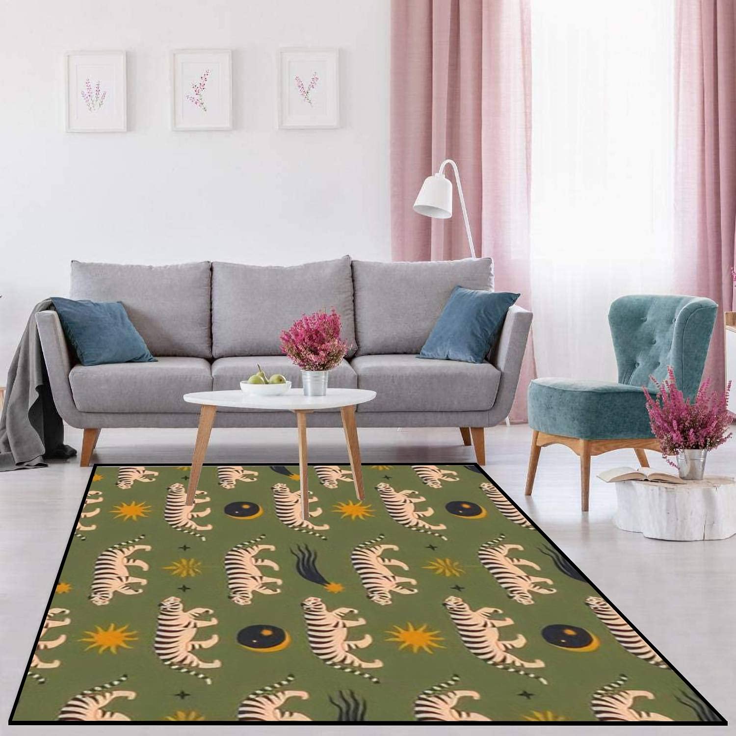 Boho Asian Style Indoor/Outdoor Rug with Chinese Tiger Pattern - Non-Slip Floor Carpet for Living Room, Coffee Table, Chair Mats | Home Decor Gift for Housewarming & Festive Occasions