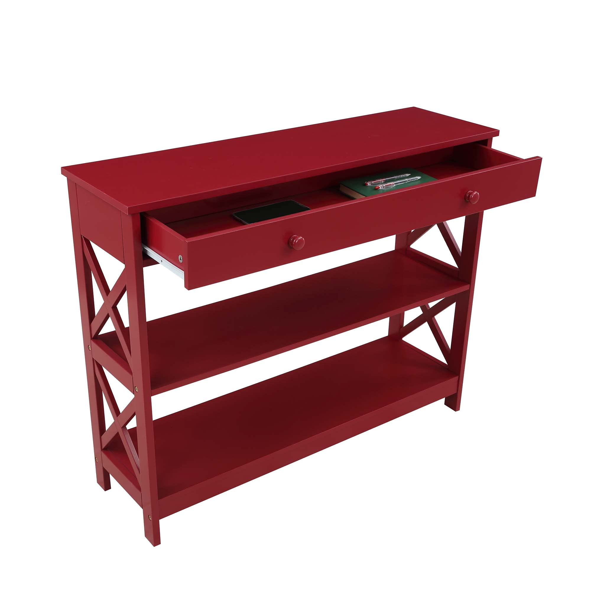 Convenience Concepts Oxford 1-Drawer Console Table with Shelves - Cranberry Red - Entryway Sofa Table, Hallway Organizer, Living Room Storage Solution