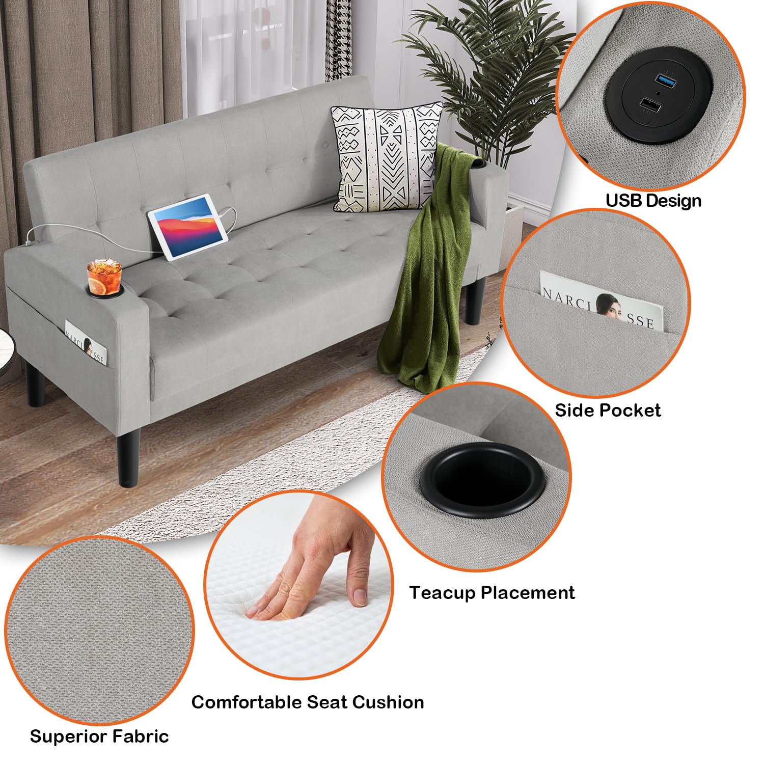 AILEEKISS 2-Piece Modern Fabric Sectional Sofa Set with USB Chargers, Cup Holders & Side Pockets - Loveseat & Single Seat Couch for Living Room, Apartment, Office (Light Grey) | Perfect for Small Spaces, Movie Nights & Home Decor