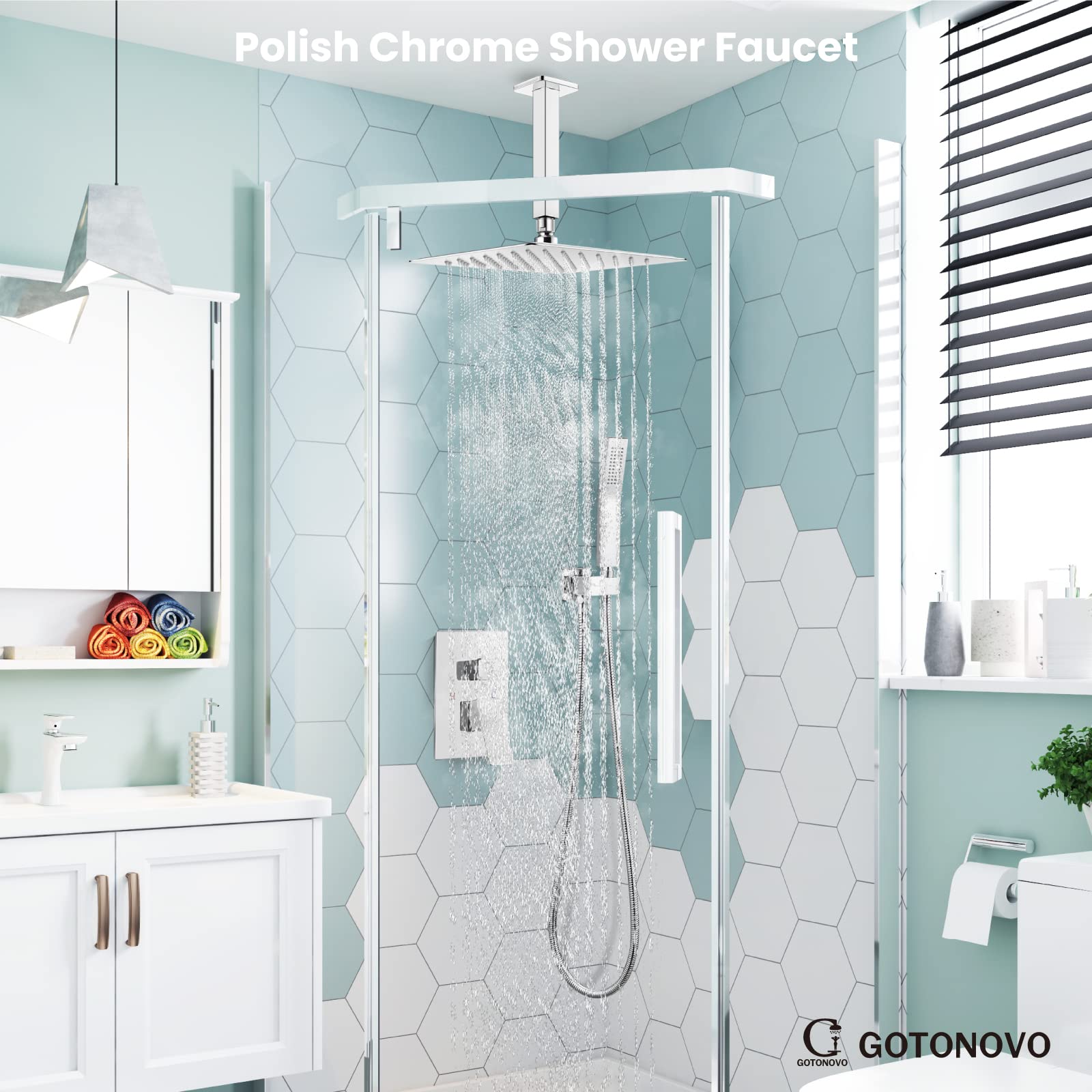 Gotonovo Luxury 12 Inch Rain Shower System - High Pressure Ceiling Mount Shower Head with Handheld Spray, Polish Chrome Finish, Dual Function Combo Set (Includes Rough-in Valve & Shower Trim) - Perfect for Master Bathroom, Spa-Like Shower Experience & Modern Home Renovation