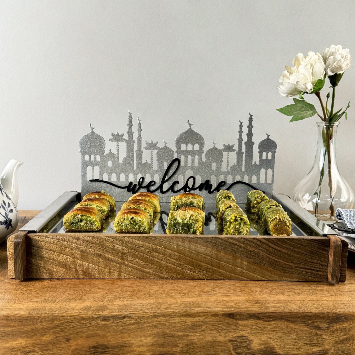 Premium Ramadan Serving Tray - Handcrafted Solid Walnut Wood & Decorative Metal Islamic Tray for Iftar, Eid Celebrations & Home Decor