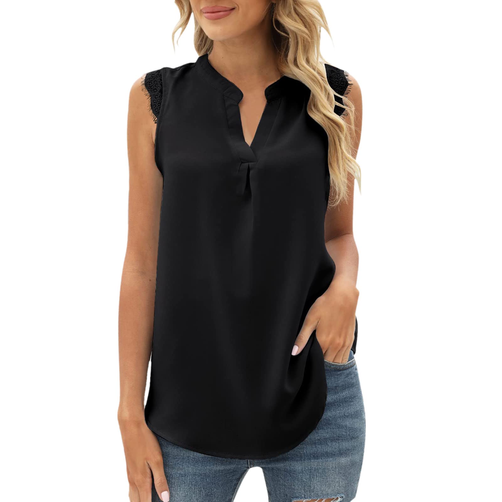 Women's Casual Summer Floral Print V-Neck Sleeveless Blouse - Loose Fit Lace Tunic Top for Beach, Party & Everyday Wear
