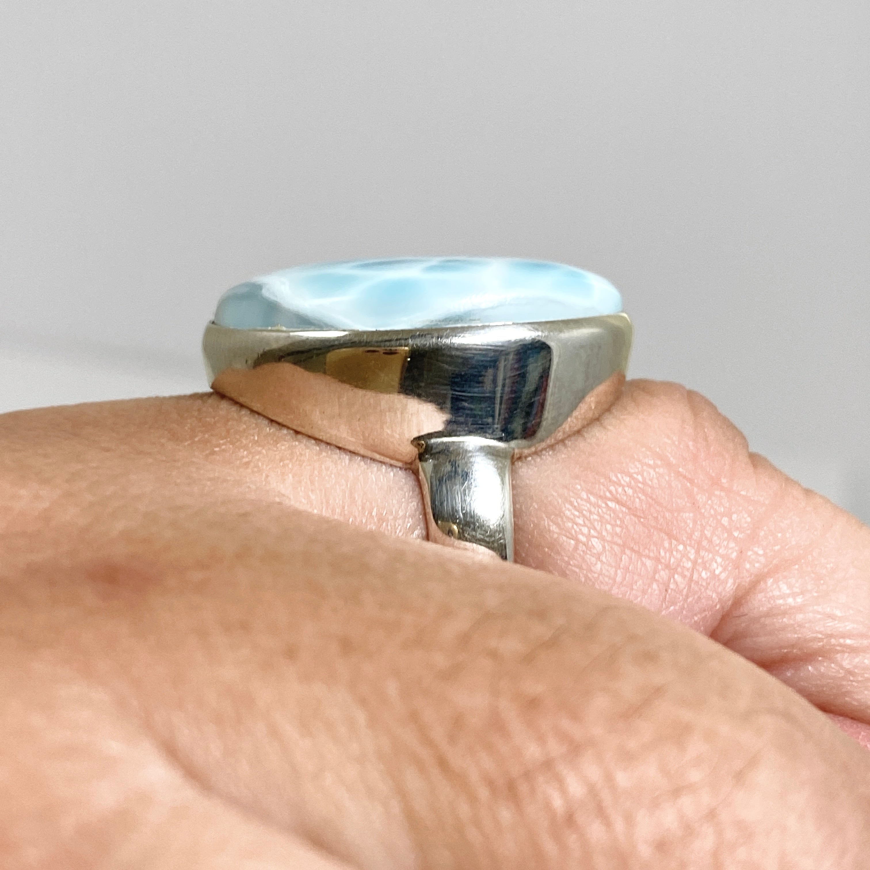 Larimar Oval Cabochon Ring Size 10.5 - Genuine Blue Stone Silver Jewelry for Women - Perfect for Beach Vacation & Boho Fashion