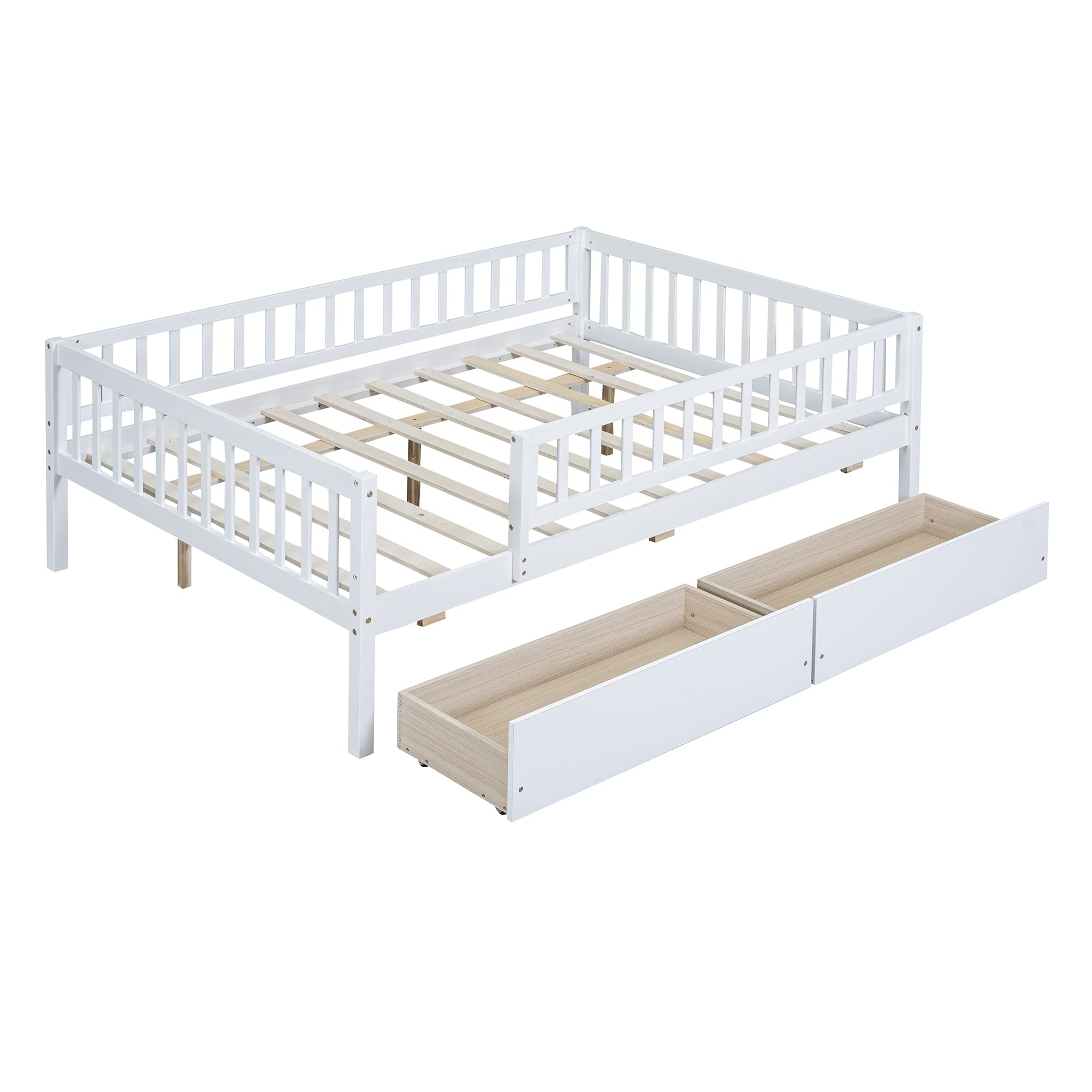 DEINPPA Full Size Wooden Bed Frame with Storage Drawers - Kids Daybed with Slats for Toddlers, Boys & Girls - White | Perfect for Small Bedrooms, Guest Rooms & Kids' Dorm Storage Solutions