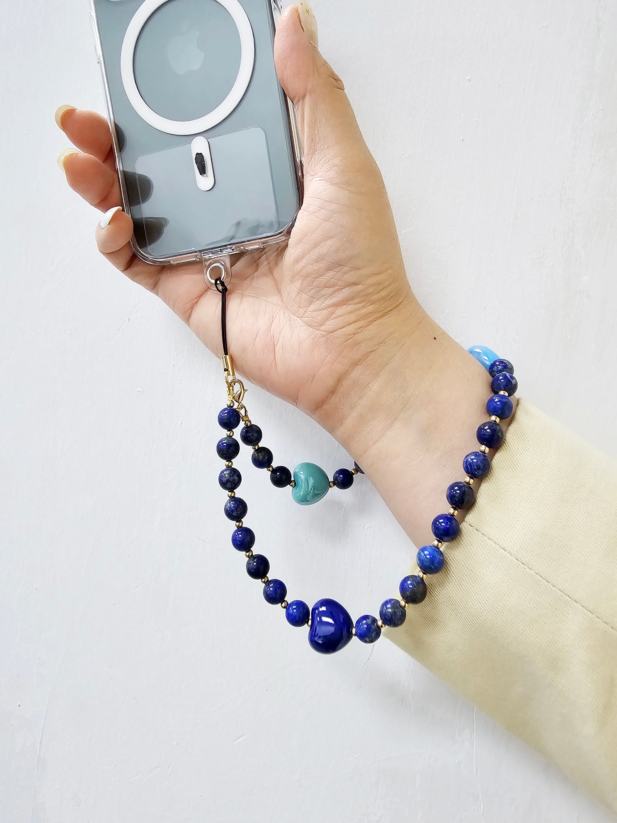 Elegant Lapis Lazuli & Blue Ceramic Heart Phone Strap - Handmade Jewelry Accessory for iPhone Samsung - Perfect Gift for Valentines Day & Everyday Use
