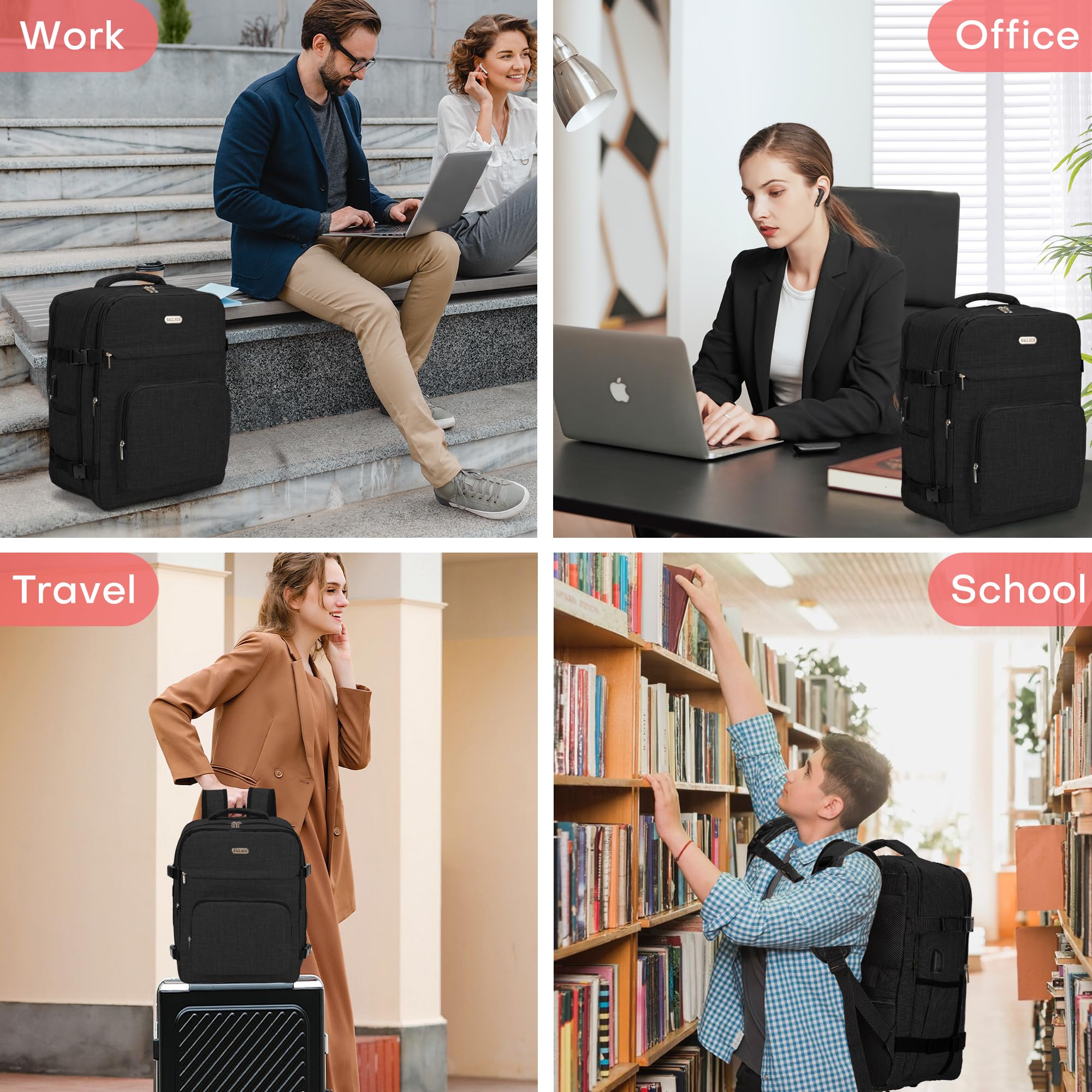 BAGLHER Travel Backpack for Men & Women - Waterproof Carry On Laptop Backpack with USB Charging Port & Shoe Compartment - Flight Approved Business Backpack for Air Travel, Hiking, Commuting & Outdoor Adventures (Black)