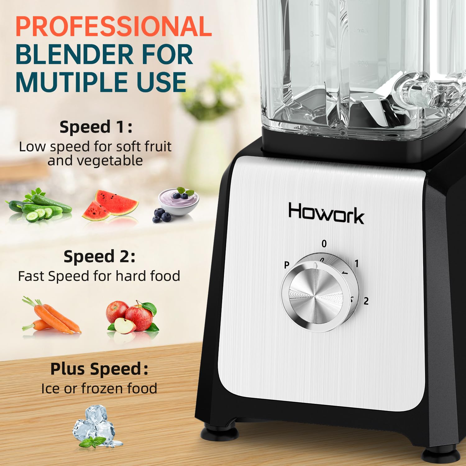 HOWORK 750W High-Speed Blender with 56oz Glass Jar & 16oz Portable Cups - 3 Functions for Smoothies, Frozen Drinks & Ice Cream - Perfect for Home Kitchen, Gym & Office Use