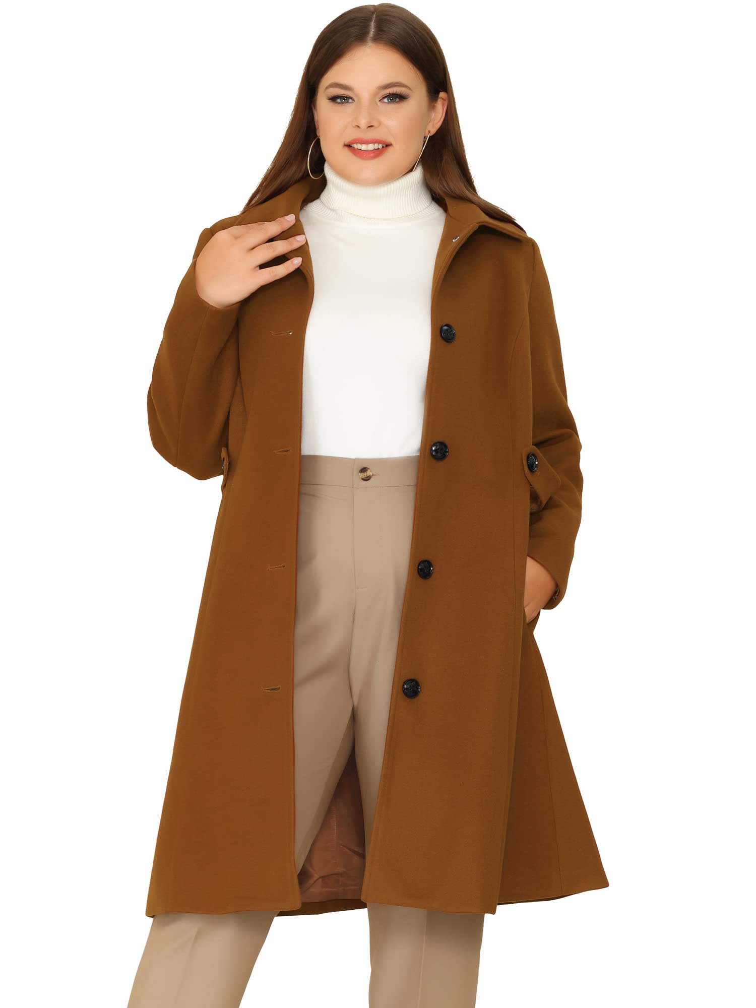 Agnes Orinda Women's Plus Size Single Breasted Belted Winter Long Coat - Warm Wool Blend Trench Coat for Cold Weather, Office & Casual Outfits
