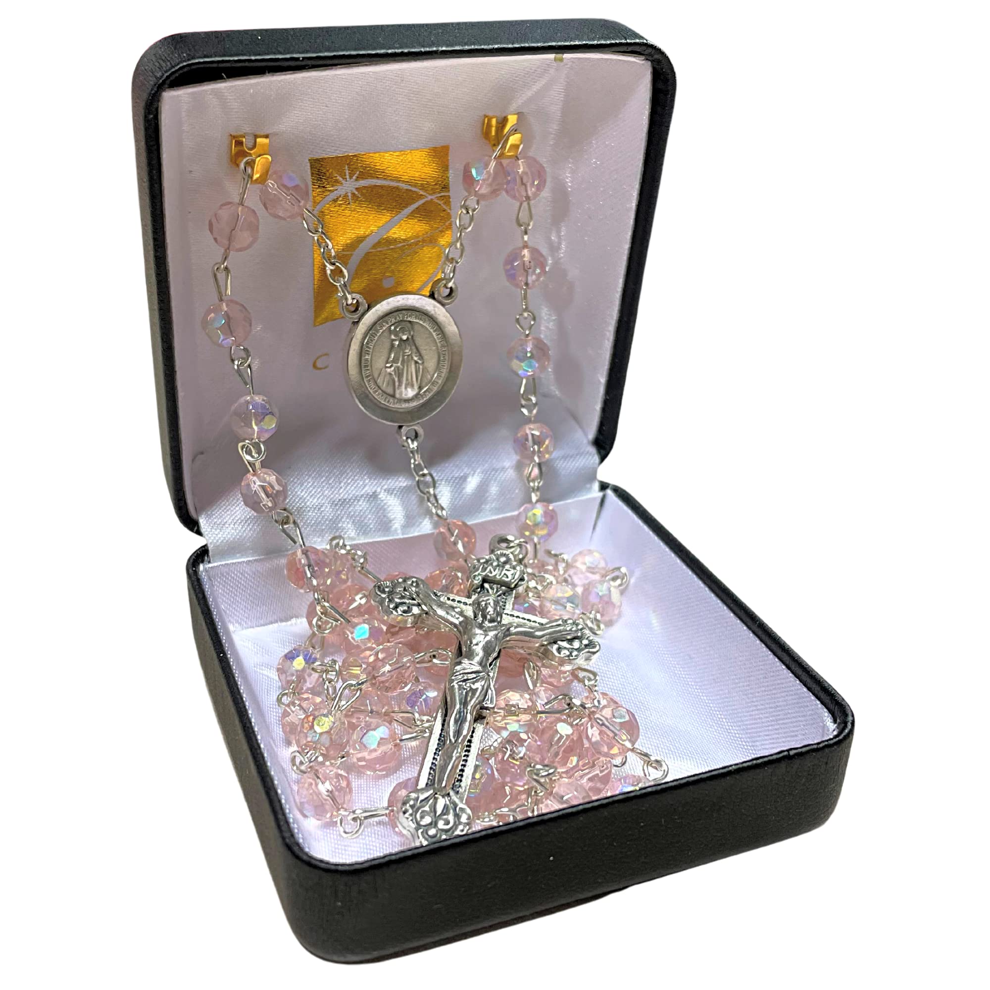 Christian Prague Fire-Polished Rose Glass Beads Rosary Necklace with Virgin Mary Center - 20.75 Inch Catholic Prayer Jewelry for Men & Women | Religious Gift for Baptism, First Communion & Daily Devotion