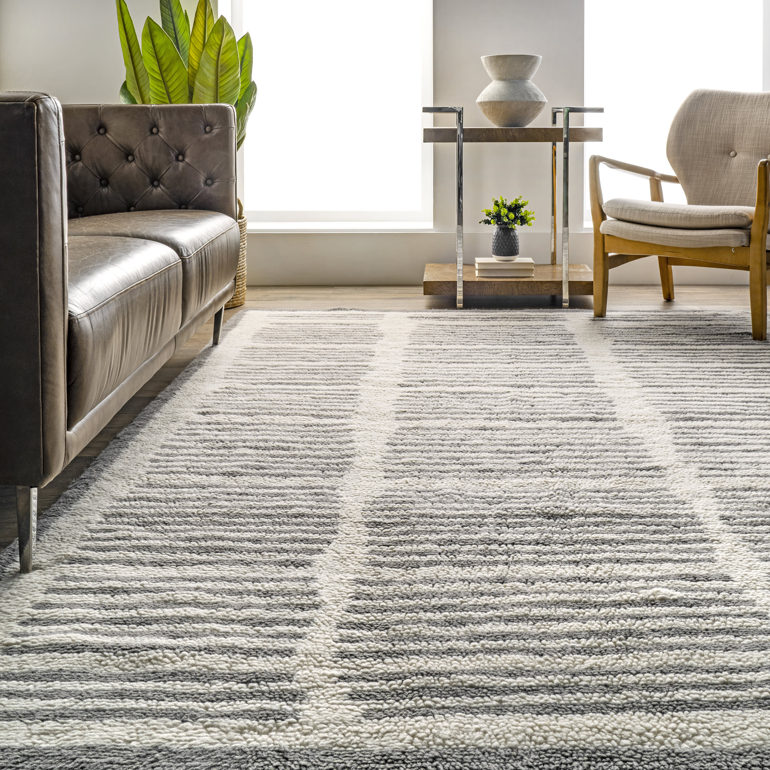 Addison Washable Wool Pinstripe Area Rug - Ivory | Soft & Durable for Living Room, Bedroom, Office