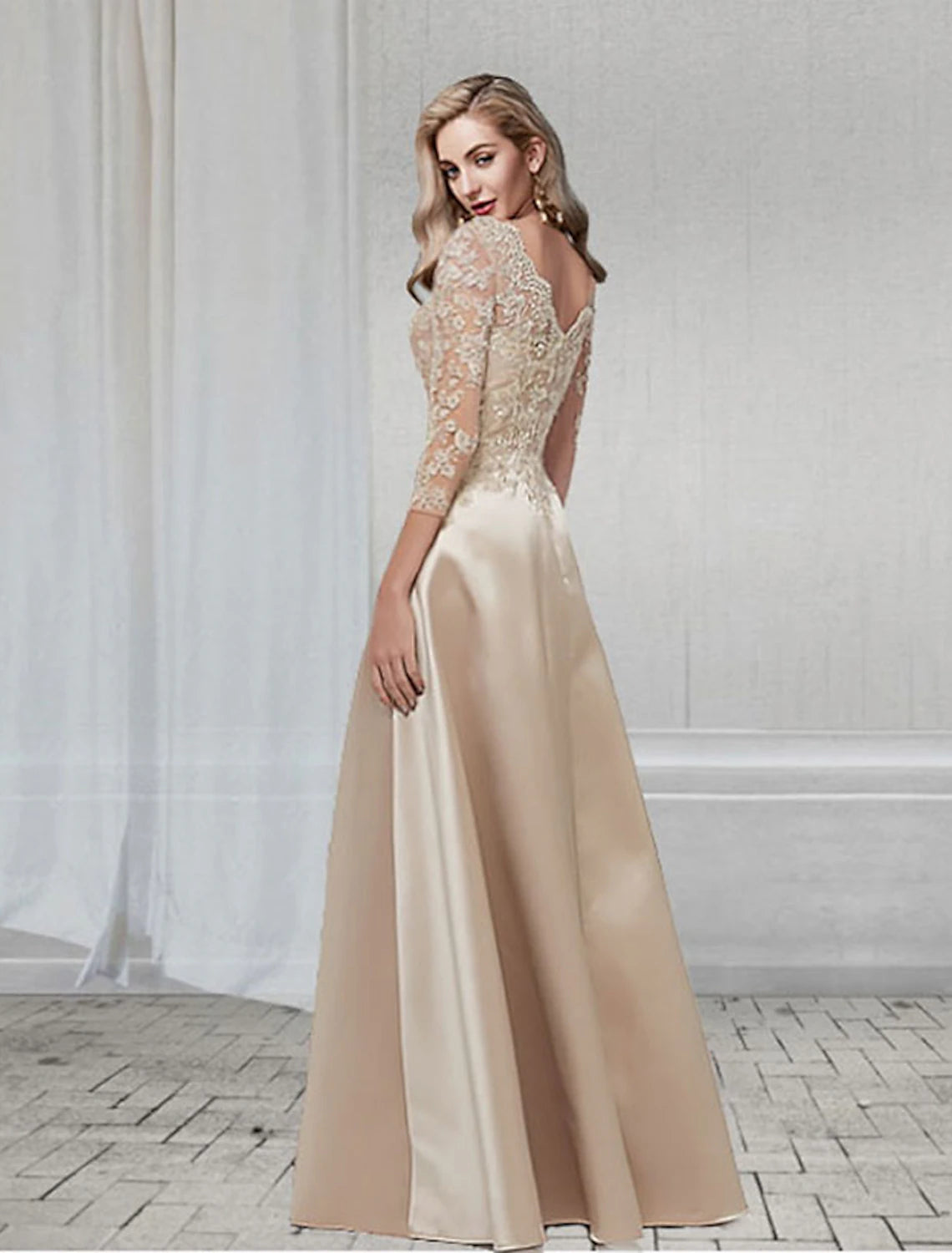 Elegant A-Line Wedding Guest Dress - V-Neck 3/4 Sleeve Floor-Length Chiffon Gown with Appliques for Formal Evening Events, Parties & Special Occasions