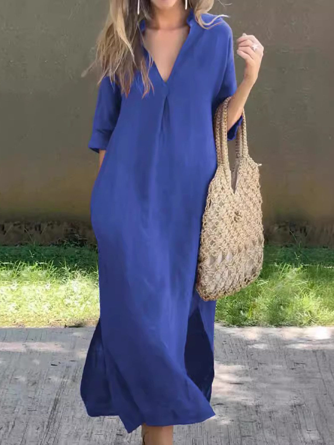 Stylish Full Size Notched Half Sleeve Midi Resort Dress for Women - Perfect for Beach Vacations, Summer Parties & Tropical Getaways