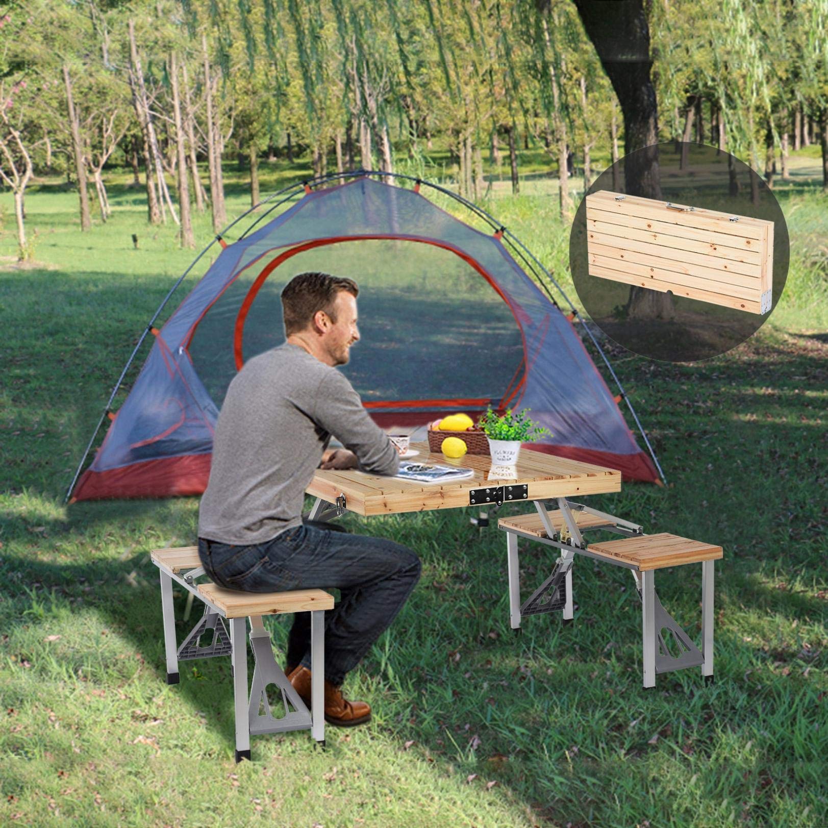 Portable Folding Picnic Table and Chairs Set with Umbrella - 4 Seat Wooden Outdoor Dining Furniture for Camping, BBQ, Backyard Parties, Patio & Picnic Use | Perfect for Family Gatherings, Beach Outings and Garden Events