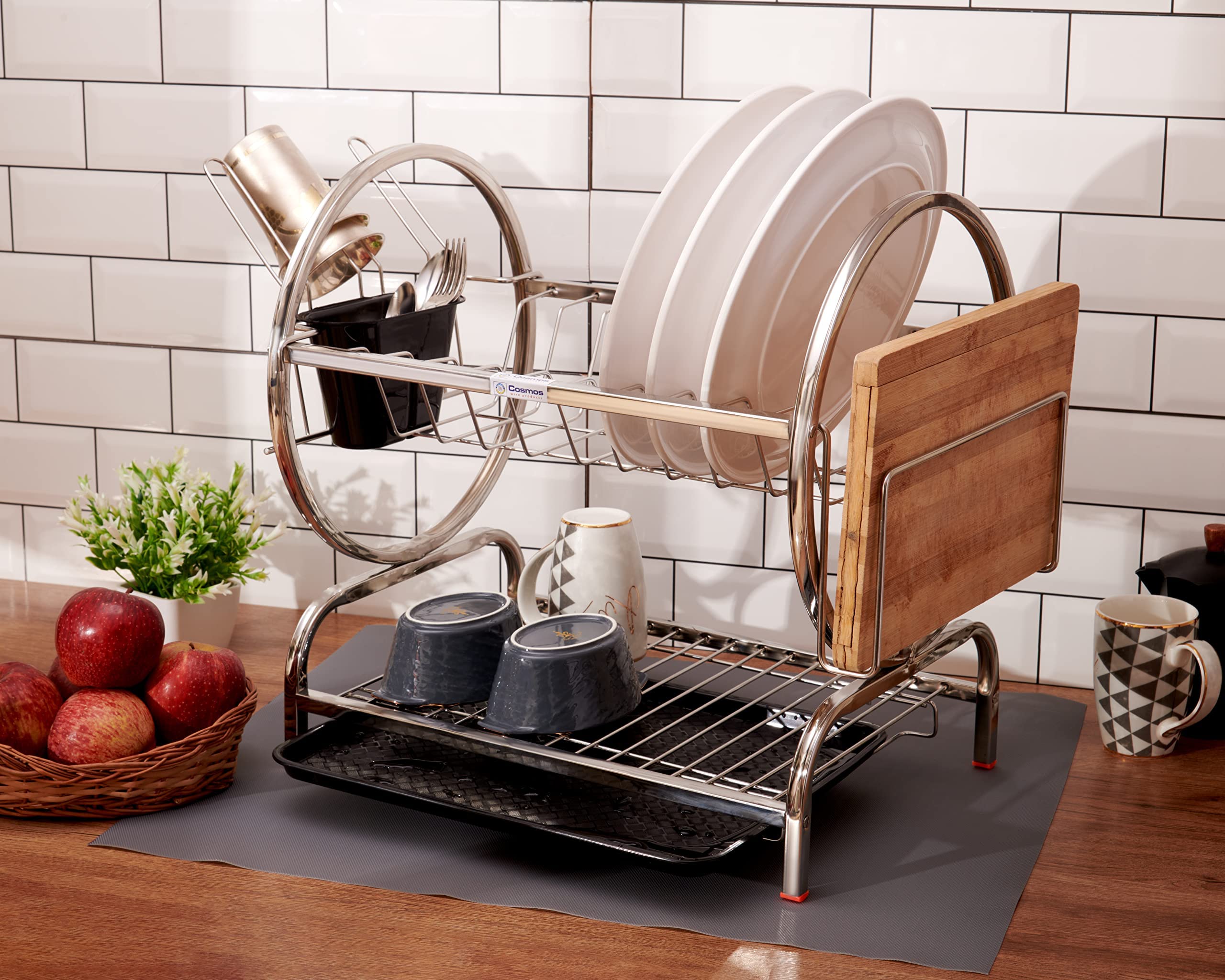 Stainless Steel 2-Tier Omega Dish Drainer Rack with Tray & Mat - Kitchen Drying Rack for Dishes, Utensils & Cookware - Space-Saving Design (24x12x18 Inches) - Perfect for Small Kitchens, Apartments & RV Use - Ideal for Countertop Organization and Dish Drying After Washing