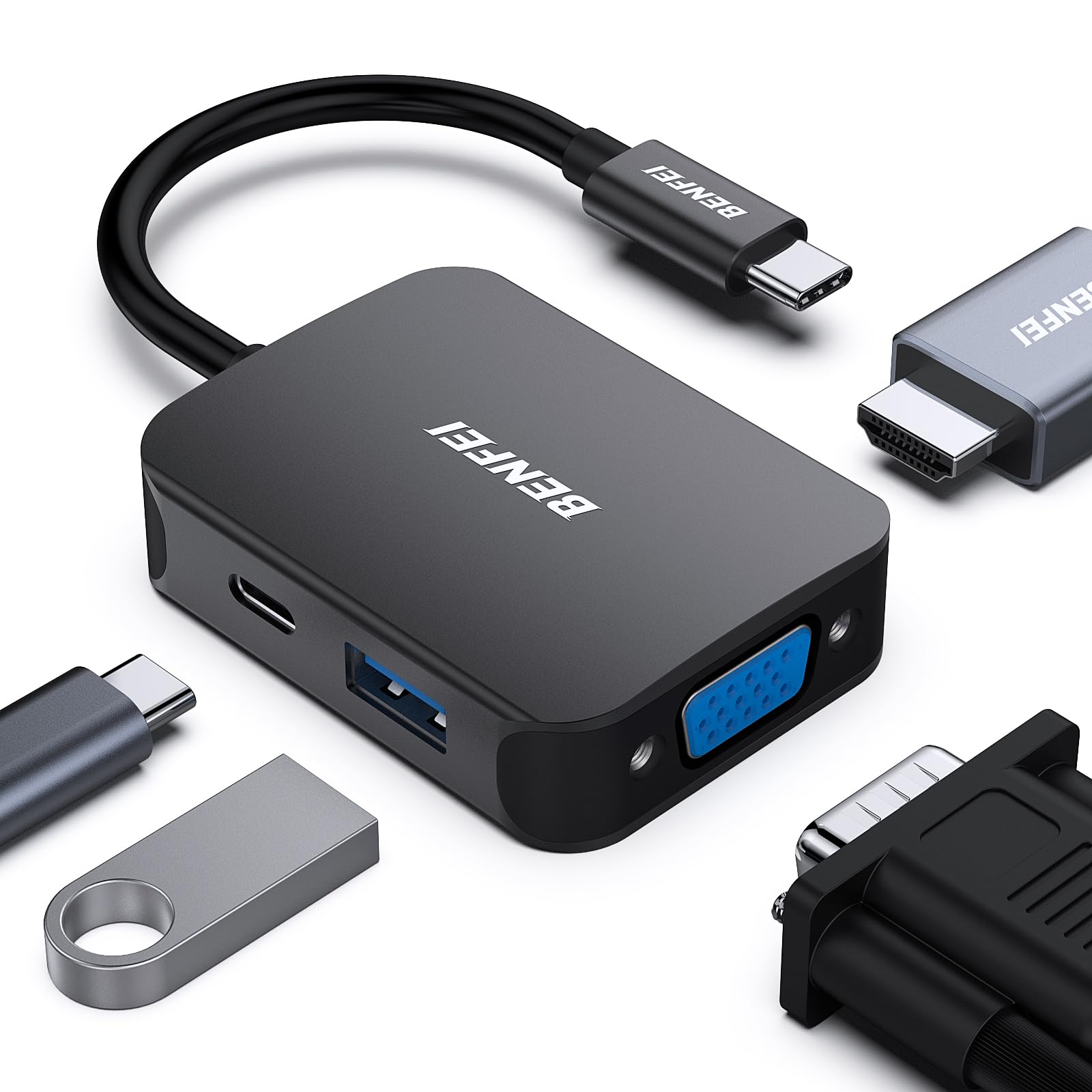 BENFEI 4-in-1 USB C Hub with HDMI, VGA & PD - for MacBook, iPad, iPhone 15 - Home & Office Use