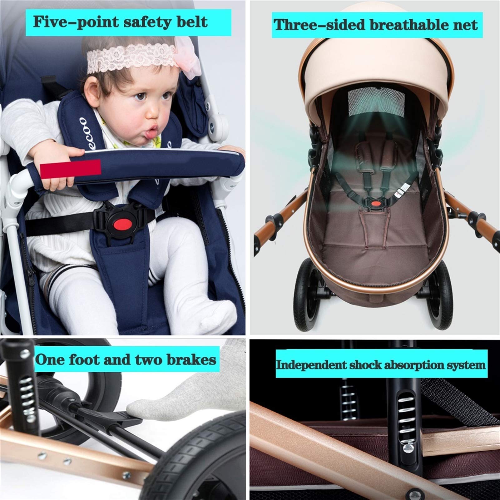 2-in-1 Convertible Baby Stroller with Reversible Bassinet | Foldable Aluminum Alloy Pushchair | Infant Pram & High Landscape Carriage (Gold) - Perfect for Newborns, Travel & Daily Walks
