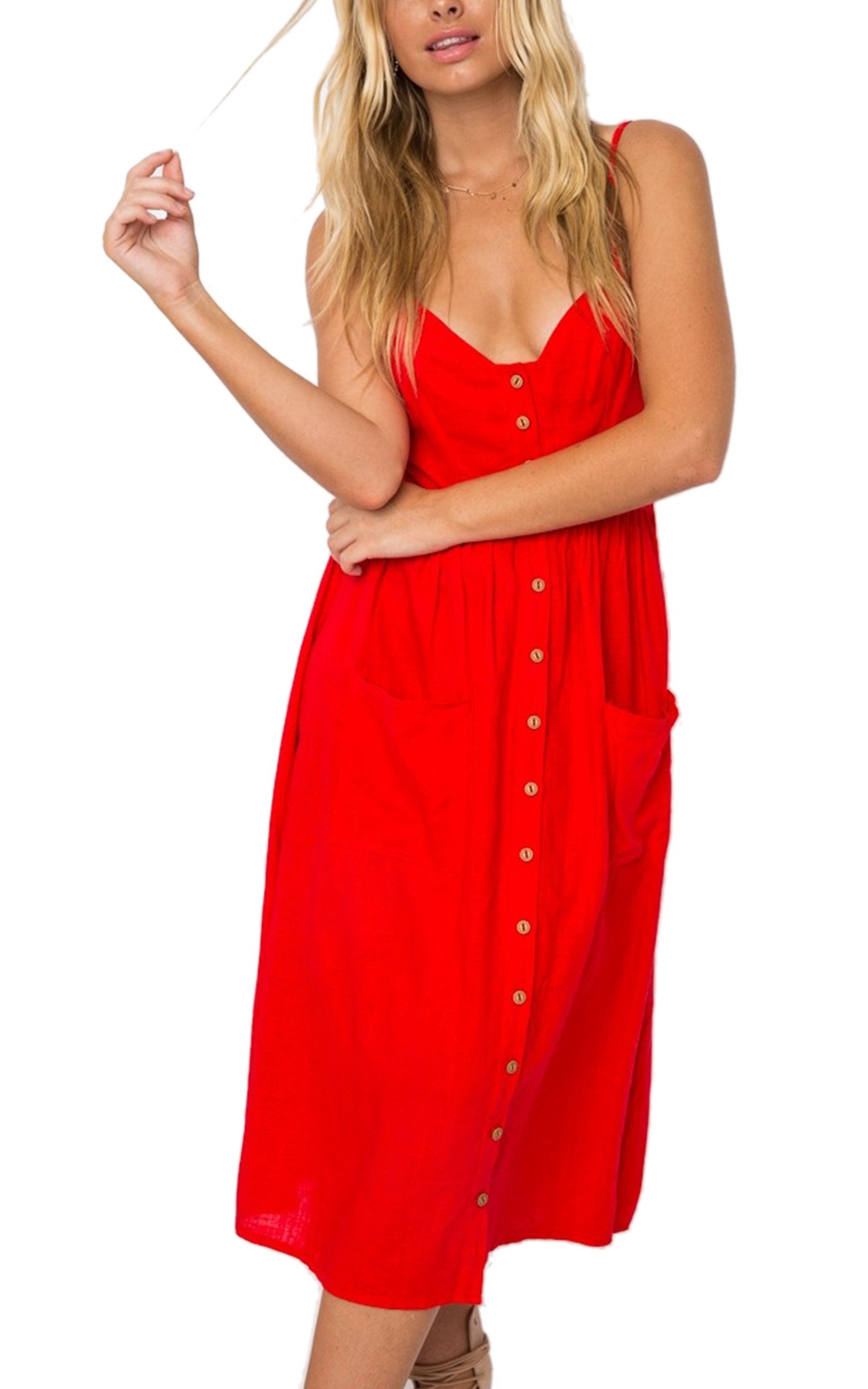 Angashion Women's Summer Floral Bohemian Spaghetti Strap Button Down Swing Midi Dress - Casual Beach Dress for Vacation, Date Night & Outdoor Parties