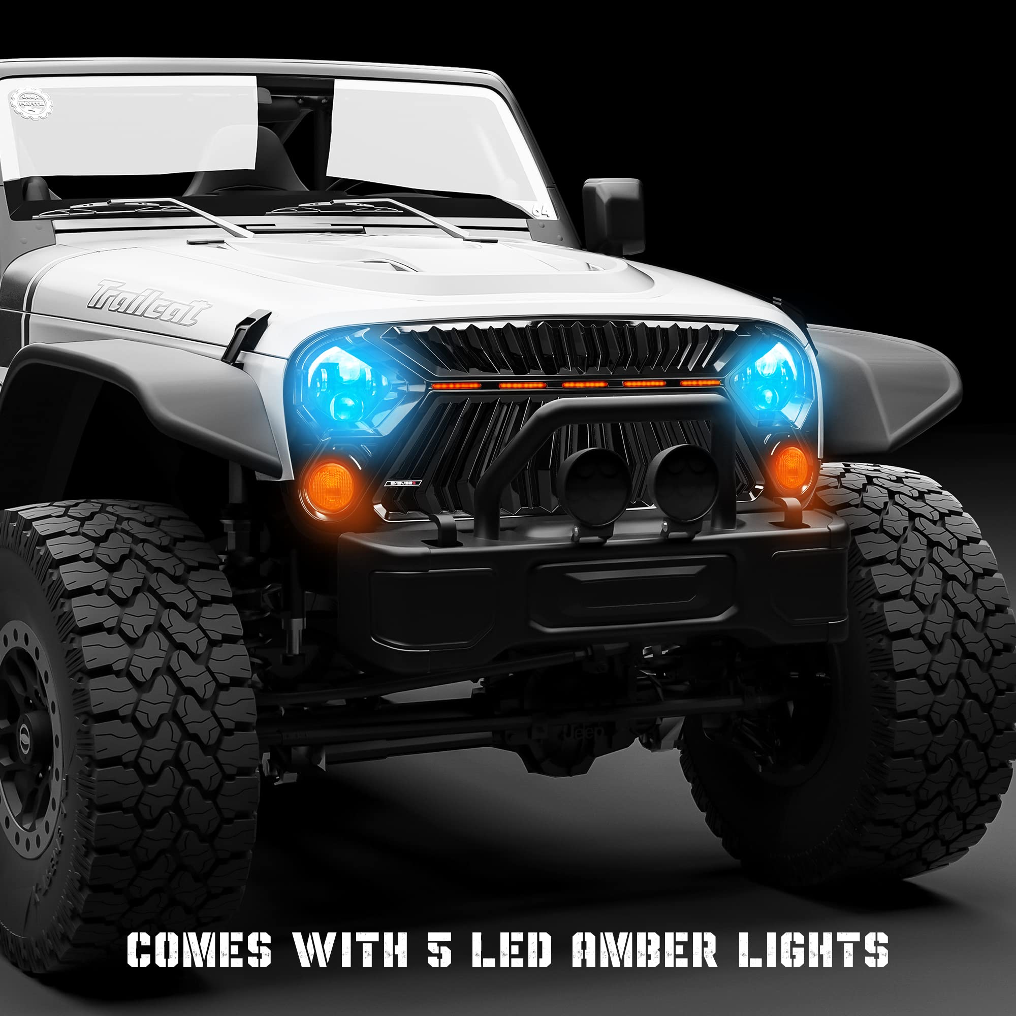 SEVEN SPARTA Jeep Wrangler JK/JKU Front Grill (2007-2018) - Thunderfury Style with 5 LED Grille Lights, Strip, Clips & Rivets - Gloss Black Paint | Off-Road Upgrade & Customization Accessory
