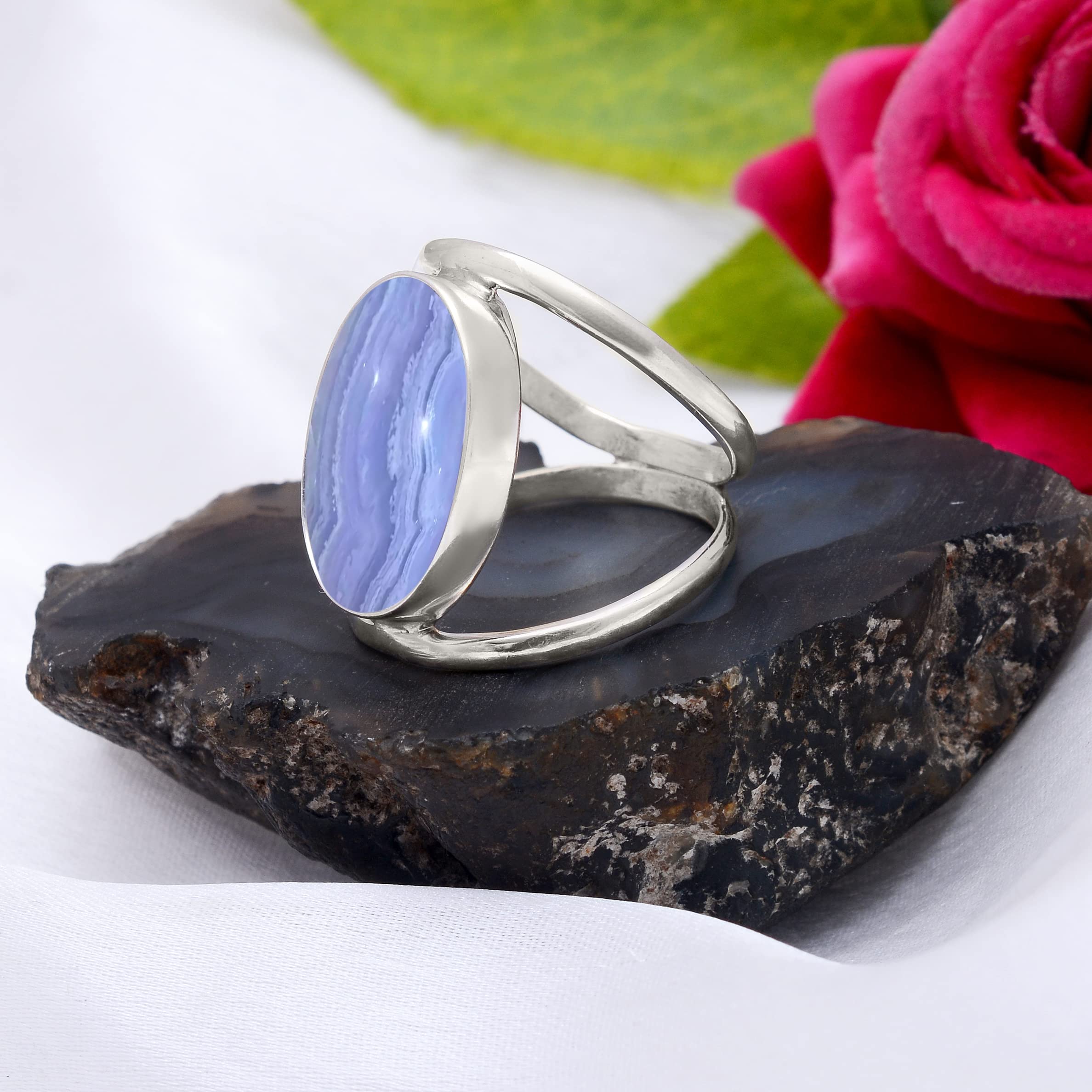 Veracity Jewelry 925 Sterling Silver Blue Lace Agate Ring for Women - Healing Meditation Gemstone Jewelry - Elegant Blue White Stone Ring for Spiritual Wellness & Fashion (VSR-421) | Perfect for Yoga, Meditation, and Everyday Wear