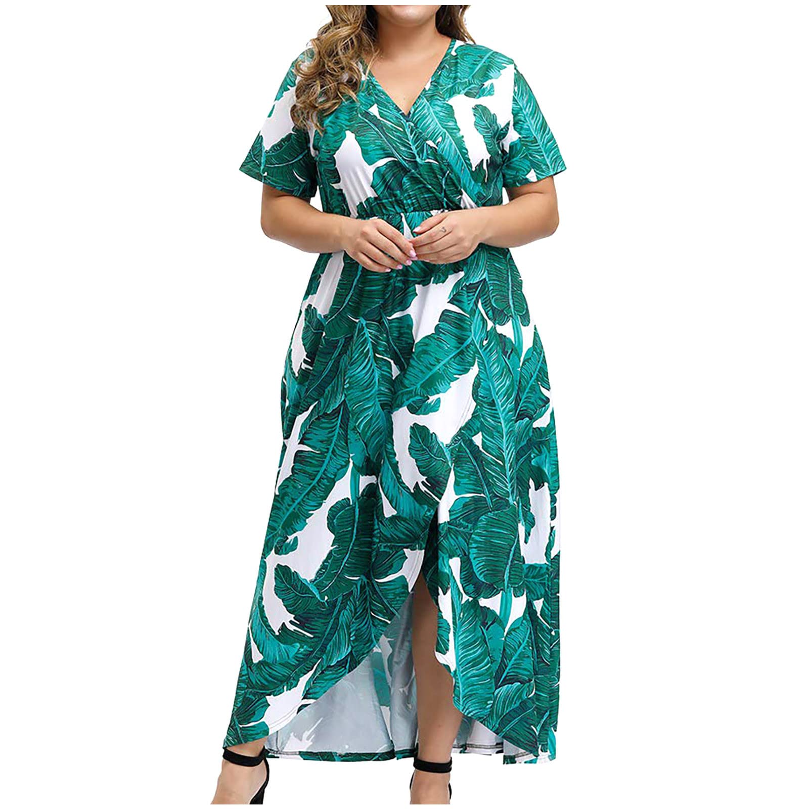 Allasfun Women's Plus Size Geometric Print Maxi Dress - Green V-Neck Short Sleeve Flowy Summer Beach Dress (XX-Large) | Perfect for Vacations, Pool Parties & Casual Outings