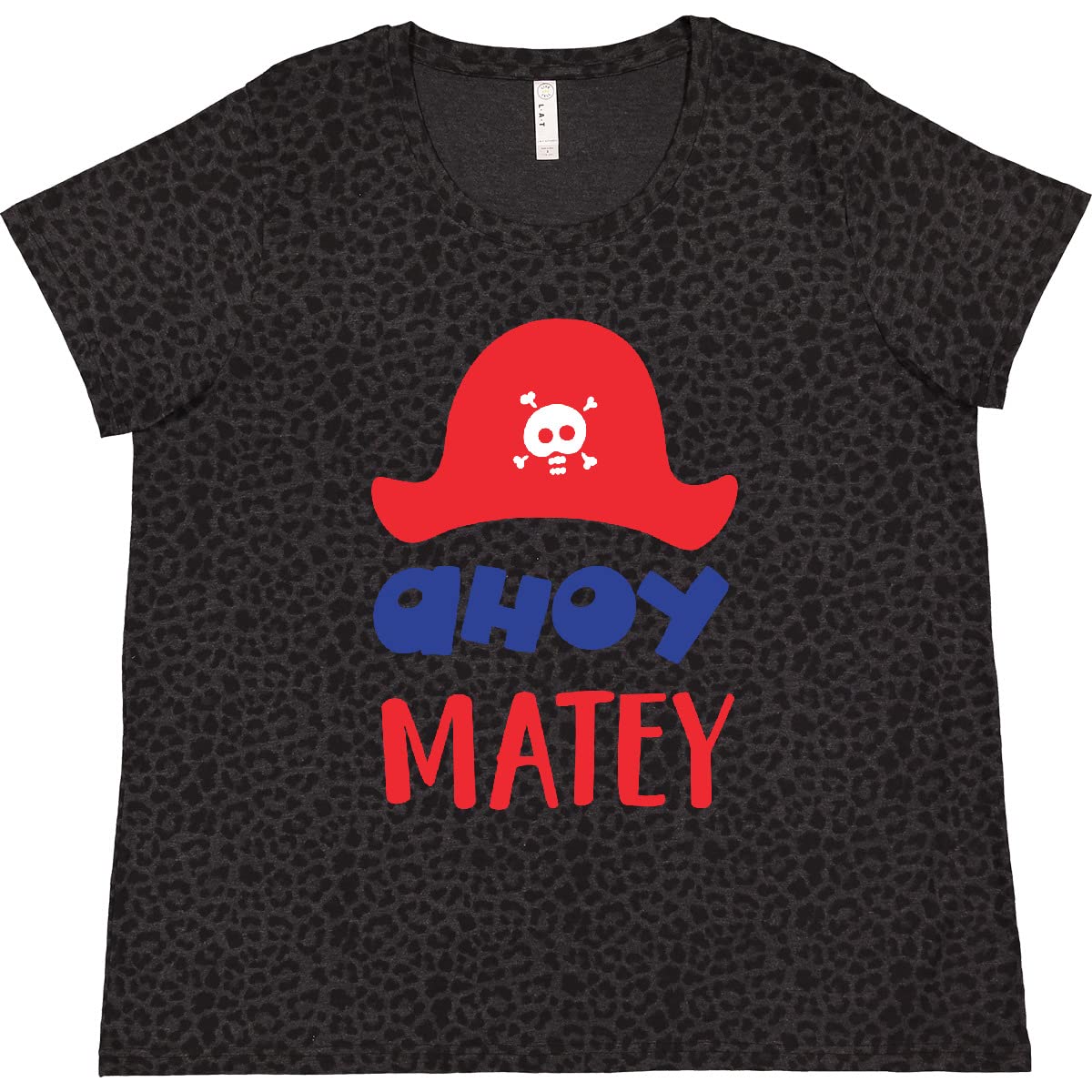 Ahoy Matey Pirate Hat Skull & Bones Women's Plus Size Graphic T-Shirt - Soft Cotton Crewneck Tee for Pirate Themed Parties, Halloween Costumes & Casual Wear