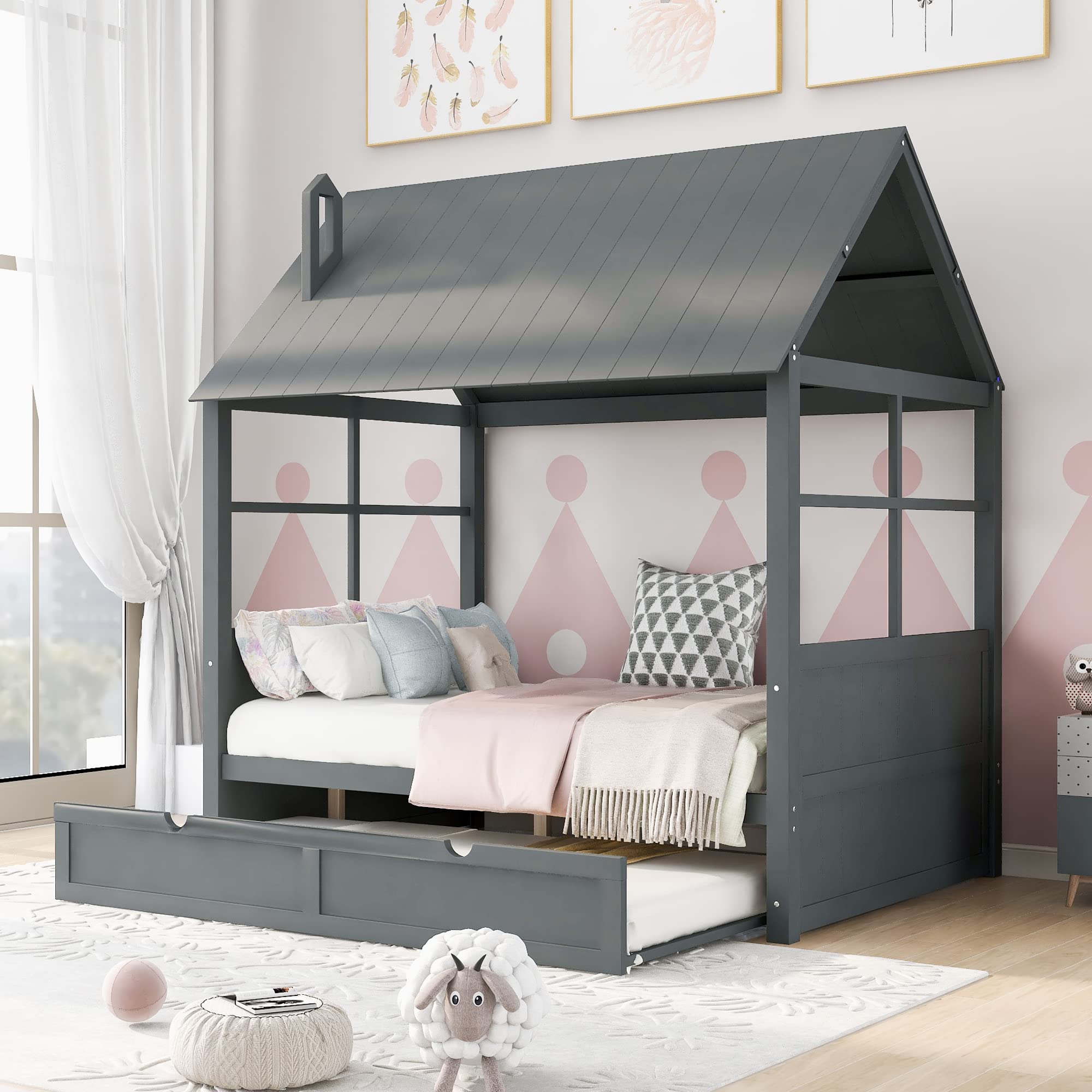 SOFTSEA Full Size House Daybed with Trundle - Sturdy Platform Bed Frame, No Box Spring Required - Perfect for Guest Rooms, Kids' Rooms & Small Spaces