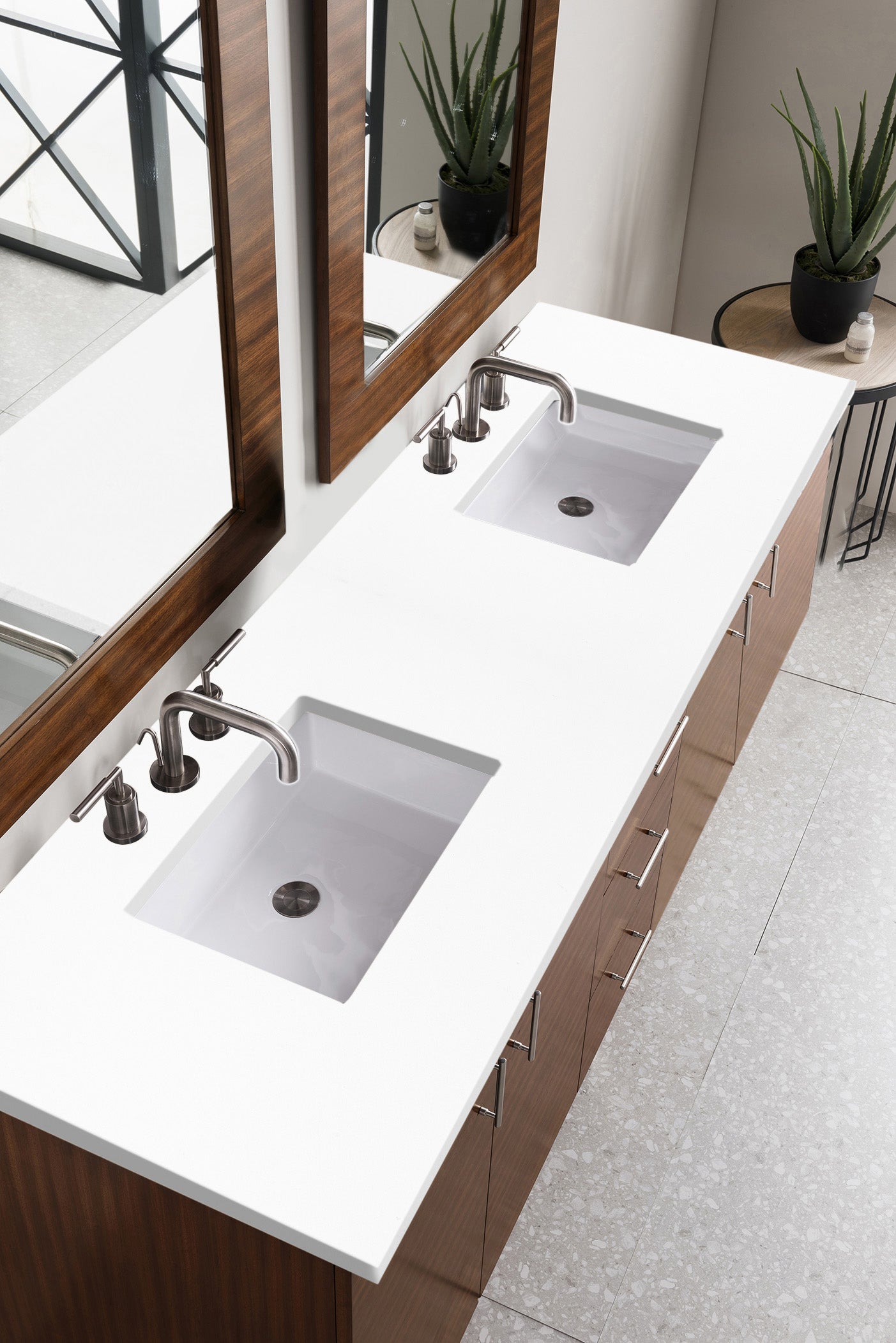 Metropolitan 72 Inch Double Bathroom Vanity with American Walnut Finish & 3CM Classic White Quartz Countertop - Perfect for Master Bathroom or Guest Suite Renovation