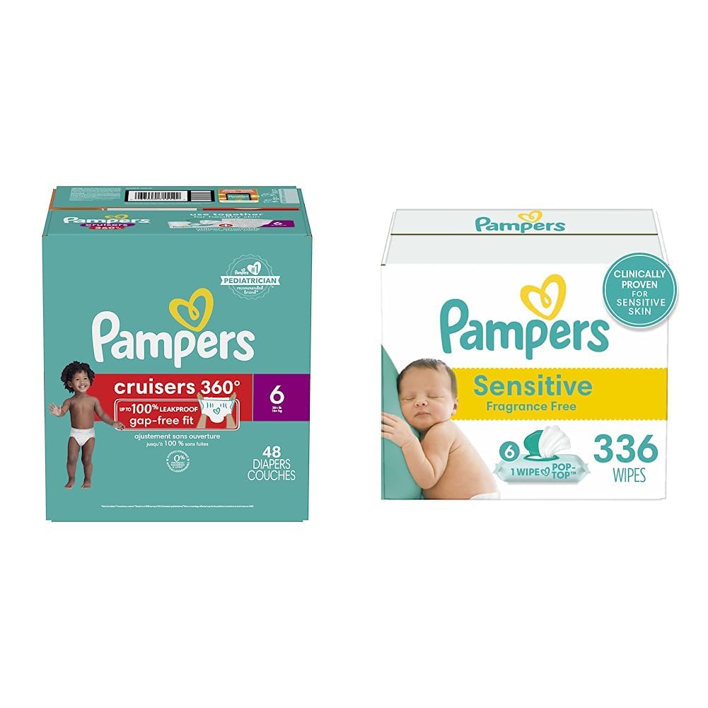 Pampers Cruisers 360 Diapers Size 6 (48 Count) + Baby Wipes Sensitive Perfume Free (336 Count) - Premium Baby Diaper & Wipes Bundle for Active Toddlers, Overnight Protection & Gentle Skin Care