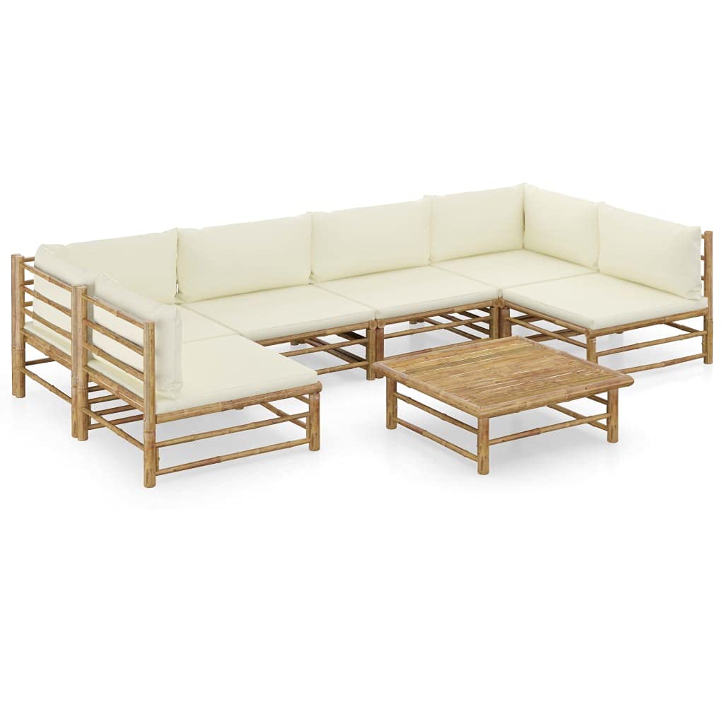7-Piece Patio Lounge Set with Cream White Cushions - All-Weather Outdoor Garden Furniture Sectional Sofa with Bamboo Frame - Perfect for Backyard, Poolside & Terrace Relaxation