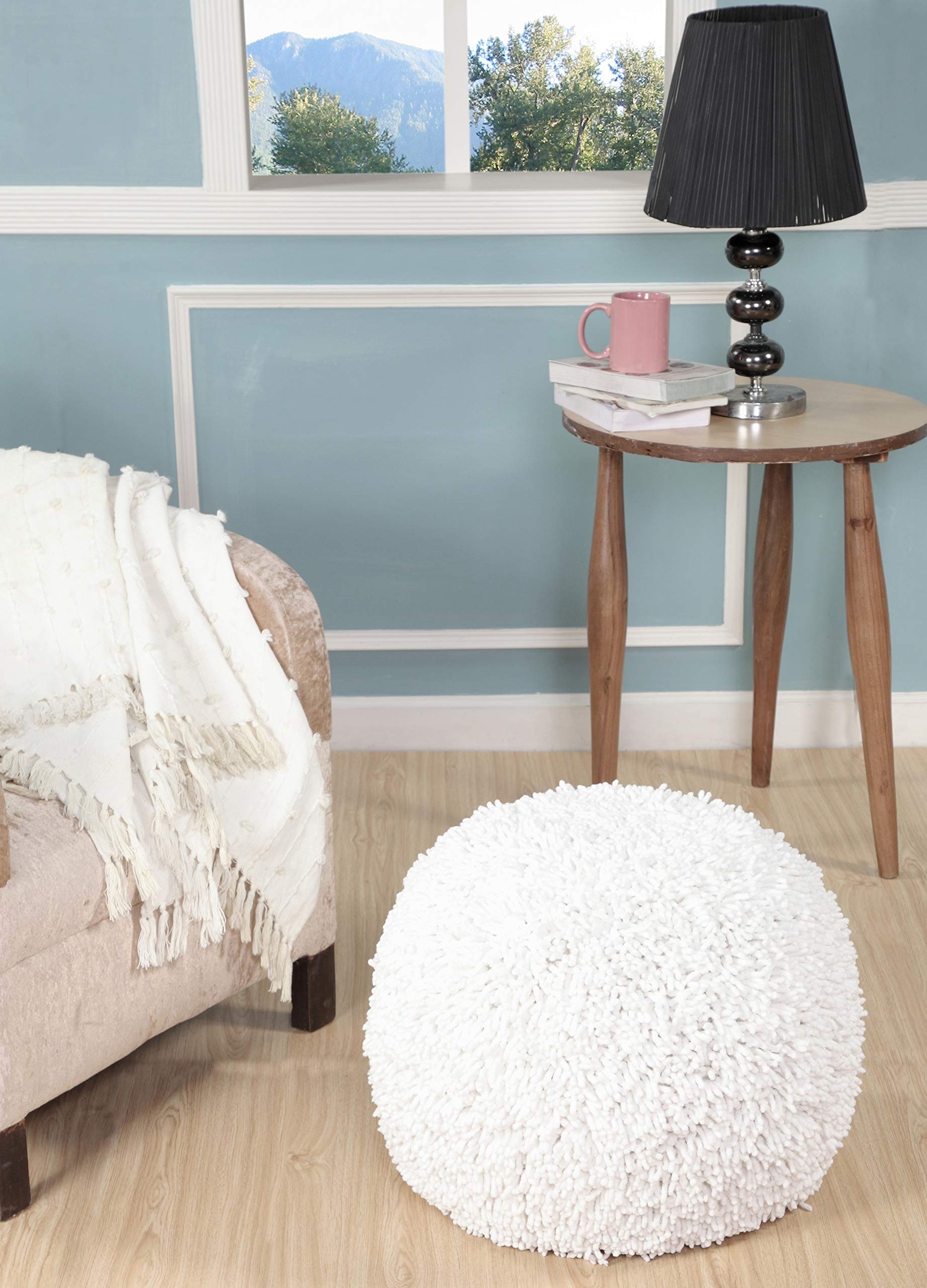 LR Home Evette Rios Cream Solid Cotton Round Ottoman Pouf - Handmade Foot Rest & Decorative Accent for Bedroom, Living Room - 20