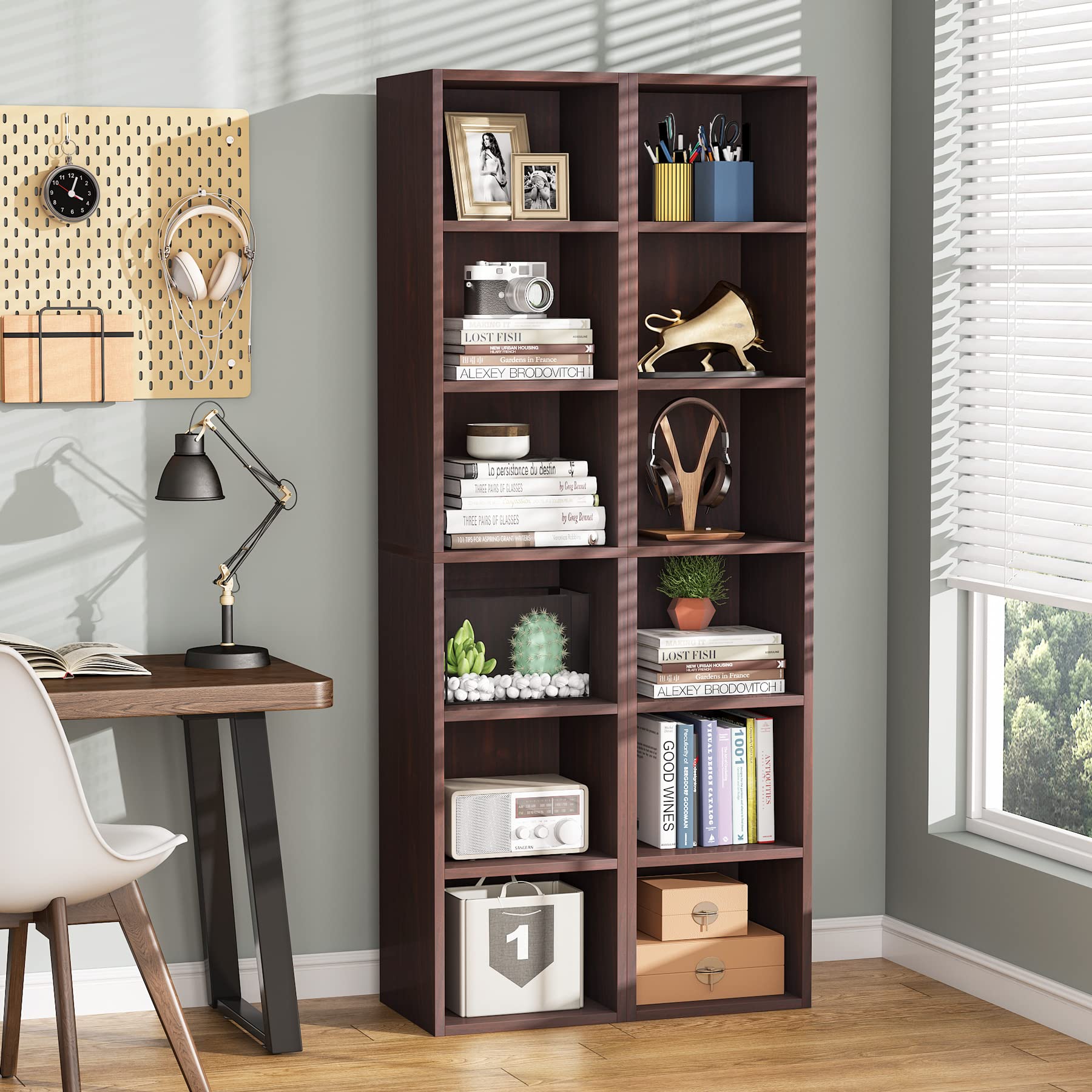 Tribesigns 70.9 Inch Tall Narrow Bookcase Set of 2 - Rustic Corner Bookcase with Storage, 6 Tier Cube Display Shelves for Home Office, Living Room, Bedroom & Study Organization