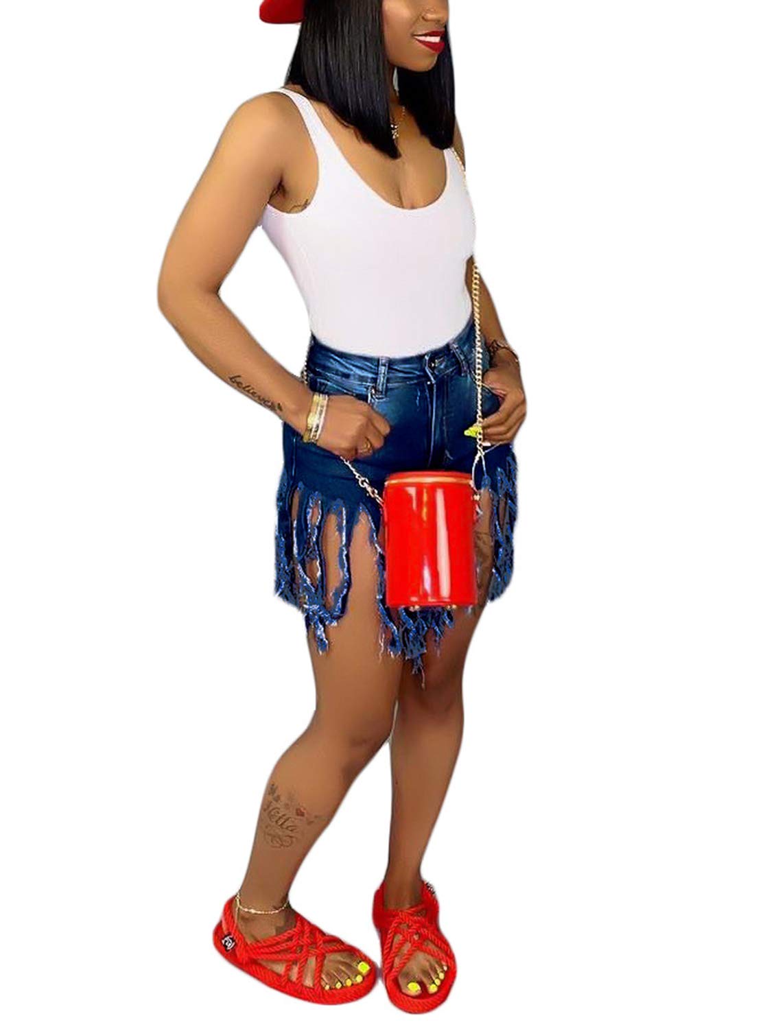 SIAEAMRG Women's High Waisted Denim Shorts with Frayed Hem & Tassel Details - Trendy Distressed Jean Shorts for Juniors | Perfect for Summer Outfits, Beach Trips, and Casual Street Style