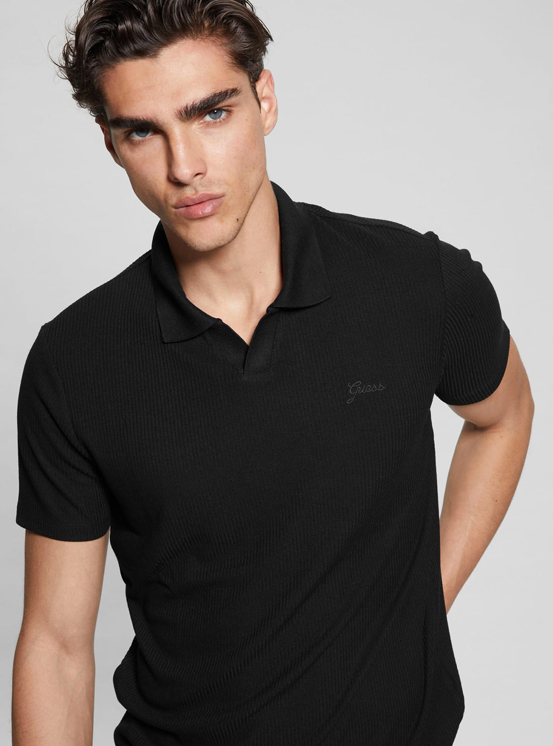 Black Ryker Rib Knit Polo T-Shirt for Men - Comfortable Stretch Cotton Casual Shirt - Perfect for Work, Golf & Everyday Wear