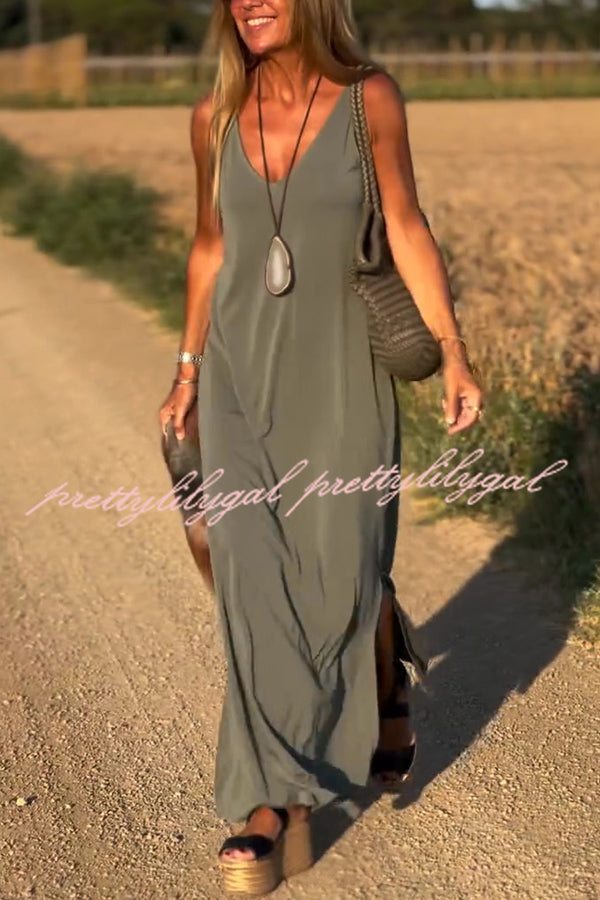 Elegant Solid Color V-Neck Sleeveless Maxi Dress - Casual Loose Fit Summer Beach Dress for Women | Perfect for Vacation, Date Night & Outdoor Events