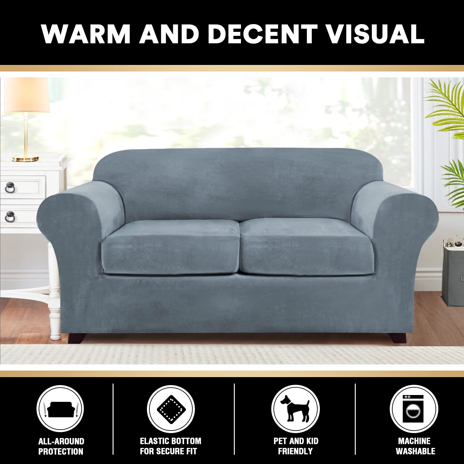 PrinceDeco Velvet 3-Piece Washable No-Slip Sofa Slipcover for 2-Cushion Loveseat (Up to 72