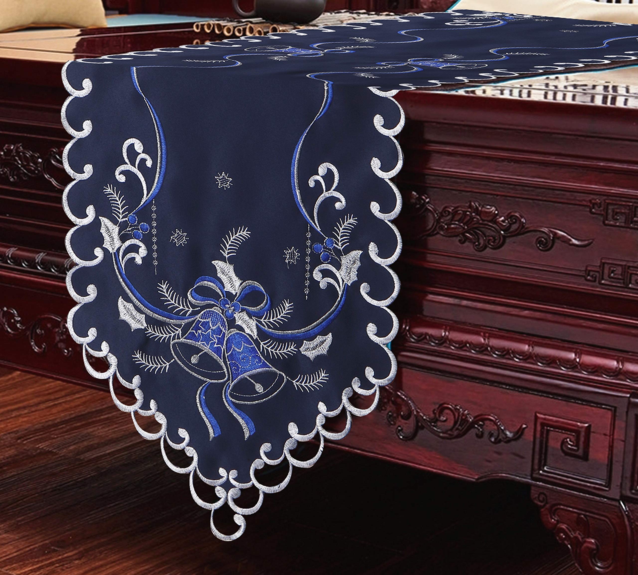 GRANDDECO 13x34 Inch Christmas Table Runner - Cutwork Embroidered Floral Blue Bells Design - Holiday Dining Table Decor for Xmas, Parties & Home Decoration