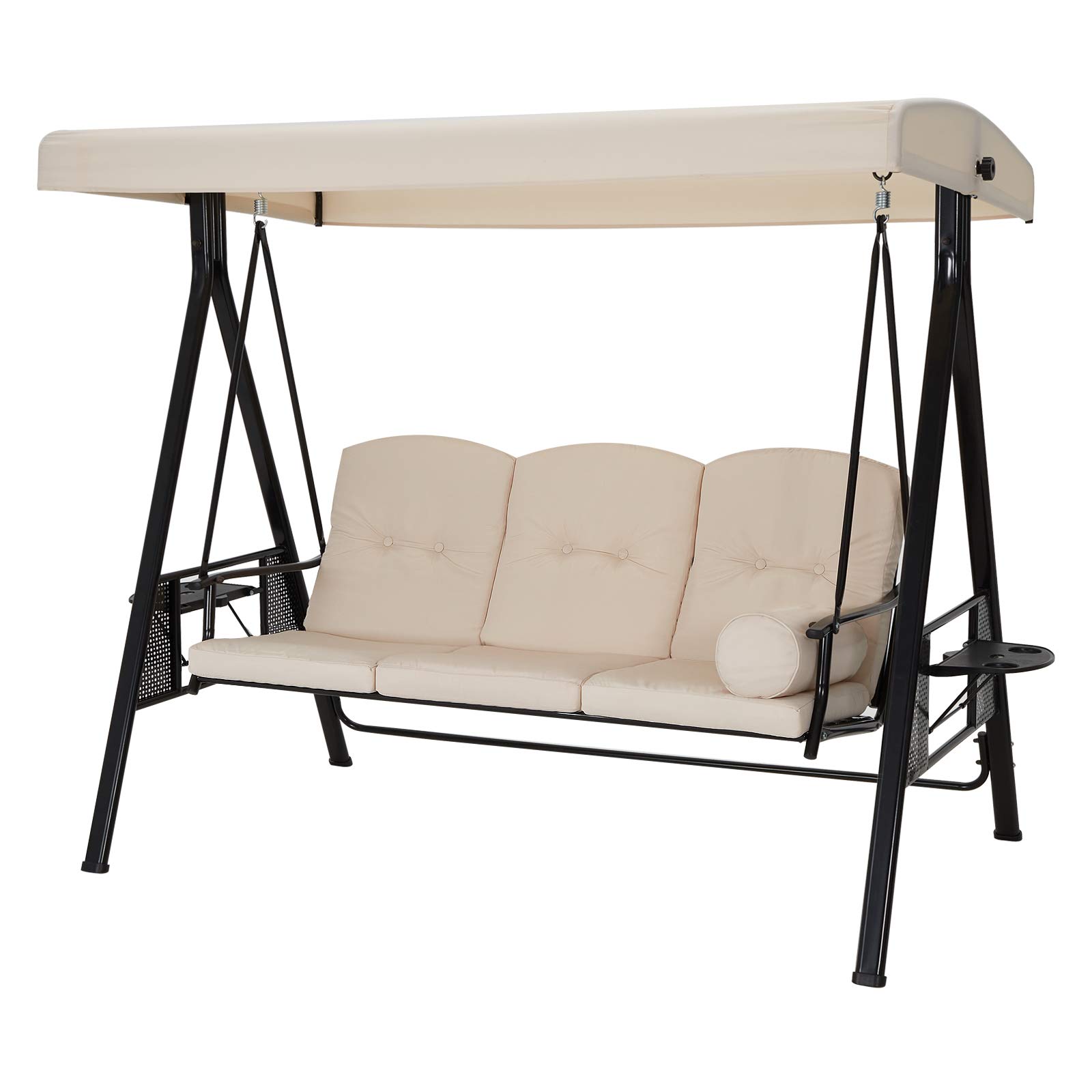 U-MAX 3-Seat Outdoor Patio Swing Chair with Canopy - Weather Resistant Steel Frame, Cup Holders & Cushions - Adjustable Tilt Canopy in Beige - Perfect for Backyard, Garden, Porch or Deck Relaxation