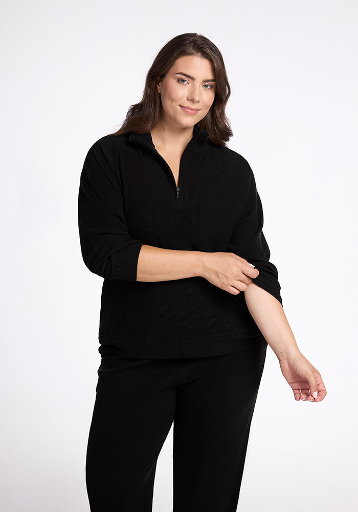 Quinn Ribbed 1/4 Zip Pullover Sweater for Women - Soft & Stretchy Black Knit Top - Perfect for Casual Wear, Office Outfits & Fall Layering