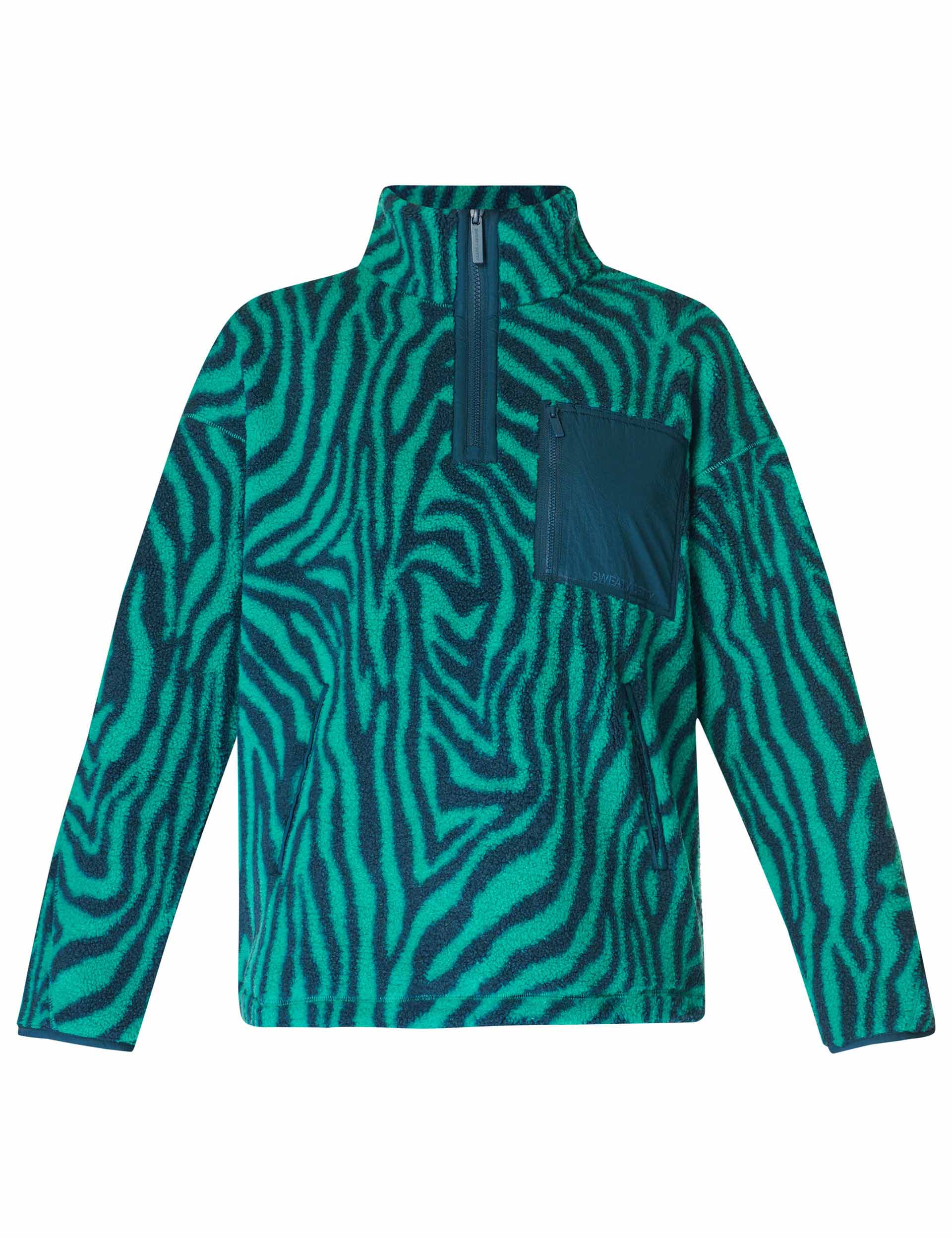 Karma Fleece Half Zip Pullover - Green Abstract Zebra Print Fleece Jacket for Men & Women | Cozy Outdoor Hiking & Casual Winter Wear