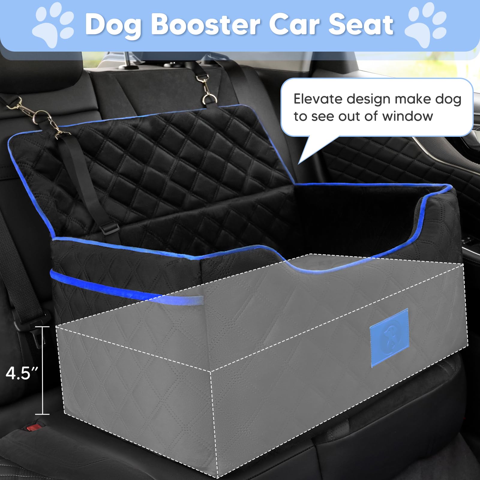 Premium Memory Foam Dog Car Seat for Large & Medium Dogs up to 55 lbs - Washable Elevated Pet Booster Seat with Safety Belt & Storage Pocket - Perfect for Road Trips, Vet Visits & Family Outings