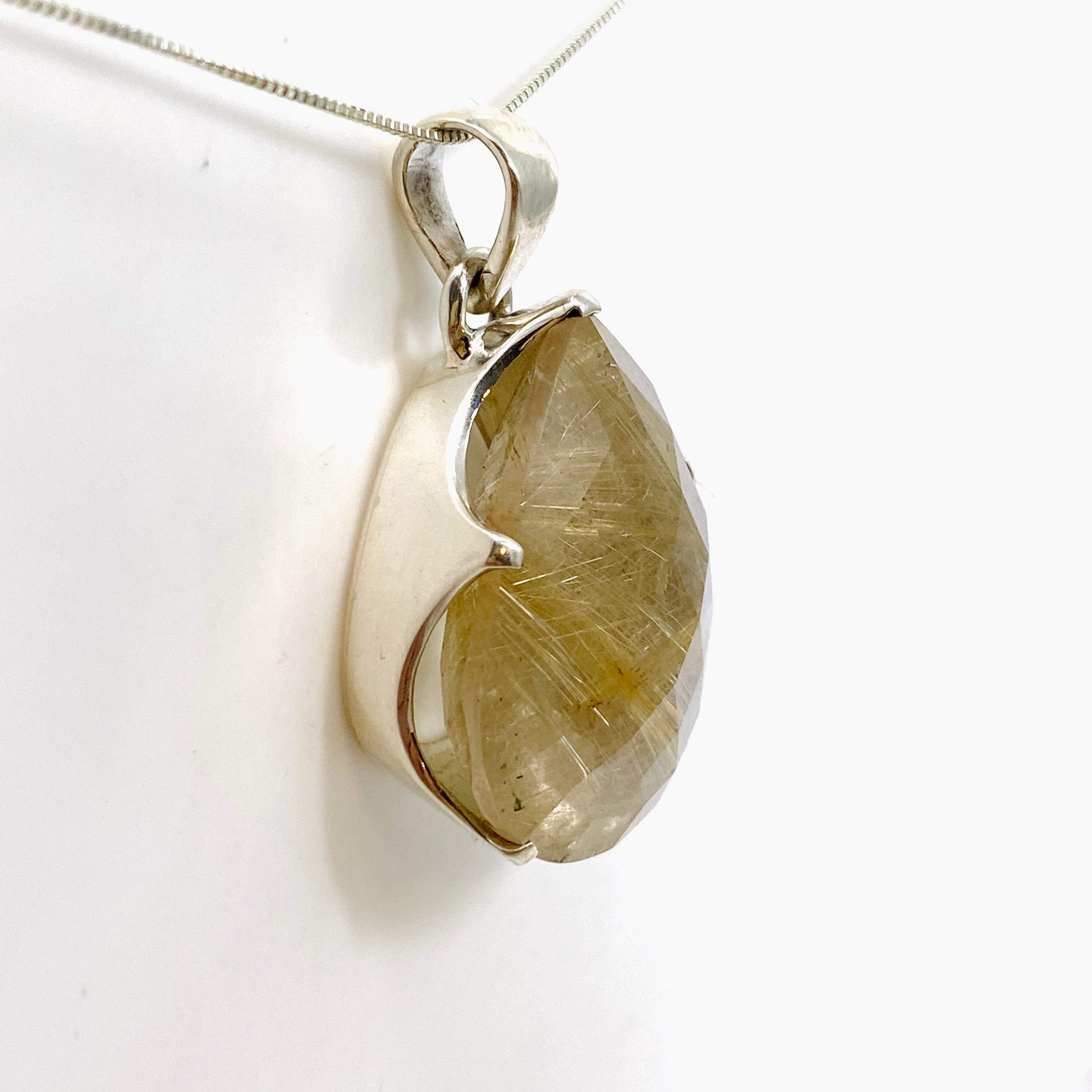 Golden Rutile Quartz Teardrop Faceted Pendant Necklace - Checkerboard Cut Gemstone Jewelry for Women - Perfect for Elegant Evening Wear & Boho Fashion
