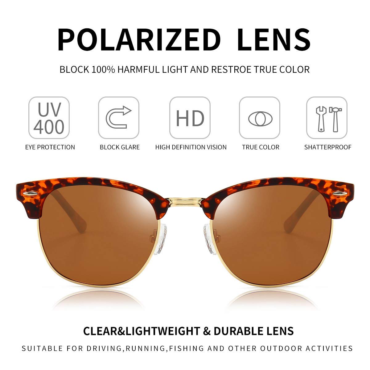 Polarized Browline Sunglasses for Men & Women - Classic Semi-Rimless Retro Frame with UV400 Protection - Perfect for Driving, Beach & Outdoor Activities