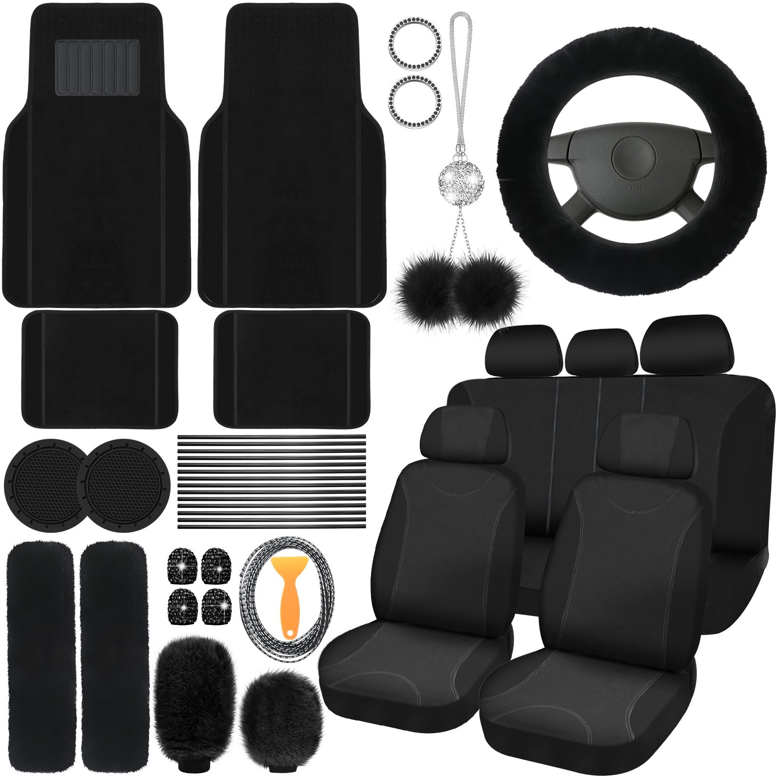 Woanger 47-Piece Luxury Car Seat Cover Set - Premium Fluffy Steering Wheel Cover, Seat Belt Covers & Floor Mats - Universal Fit for Most Vehicles (Black) - Perfect for Winter Comfort & Car Interior Decoration
