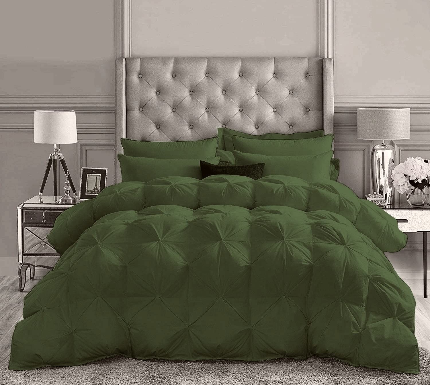 Premium 500 GSM Olive Green Pinch Pleated Alaska King Comforter Set - 5 Piece (Comforter + 4 Pillowcases) | 100% Egyptian Cotton Bedding | Luxurious Softness for Master Bedrooms & Guest Suites