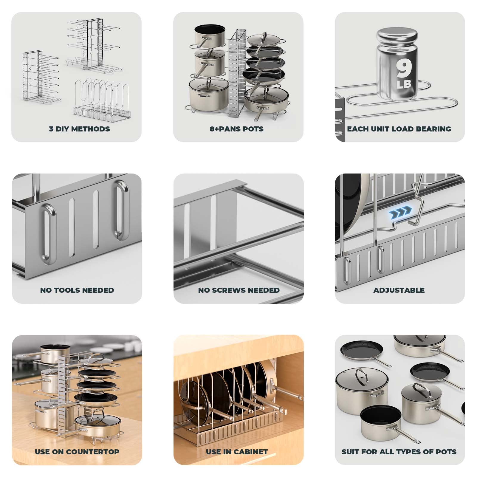 Vdomus Adjustable Pot Rack Organizer - 3 DIY Methods for Kitchen Cabinet Storage, Space-Saving Pan and Lid Holder for 8+ Pots & Pans (Silver) - Perfect for Small Kitchens, Apartment Cooking & Cabinet Organization