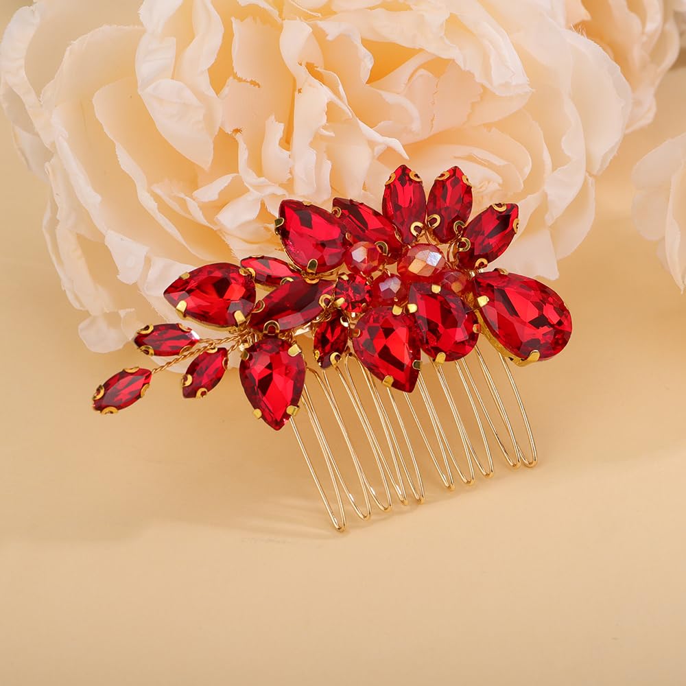 Sparkling Red Rhinestone Wedding Hair Comb - Crystal Bridal Hair Accessory for Women & Girls | Elegant Headpiece for Brides, Prom, Parties & Special Occasions