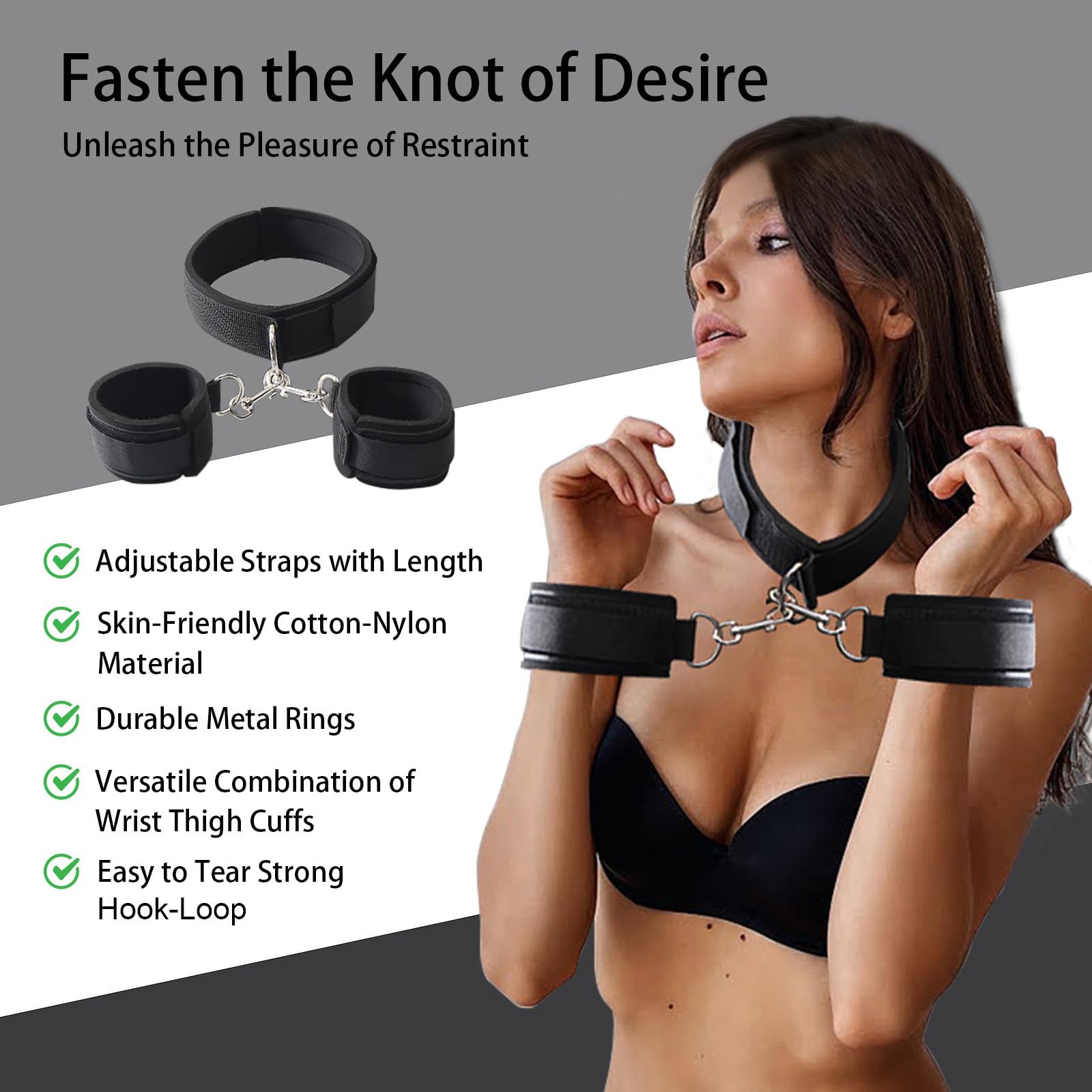 Adjustable Black Bondage Handcuffs Set for Couples - Soft Restraints with Ankle & Wrist Cuffs for BDSM Beginners | Perfect for Bedroom Play, Roleplay & Spicing Up Intimacy (Light Black)