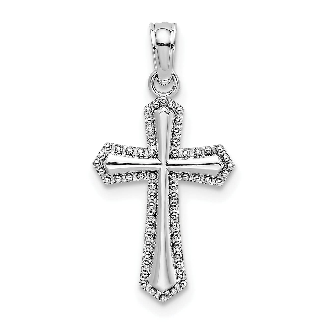 14K White Gold Beaded Cross Charm Pendant with Beaded Trim - Elegant Religious Jewelry for Women, Perfect for Baptism, First Communion & Everyday Wear